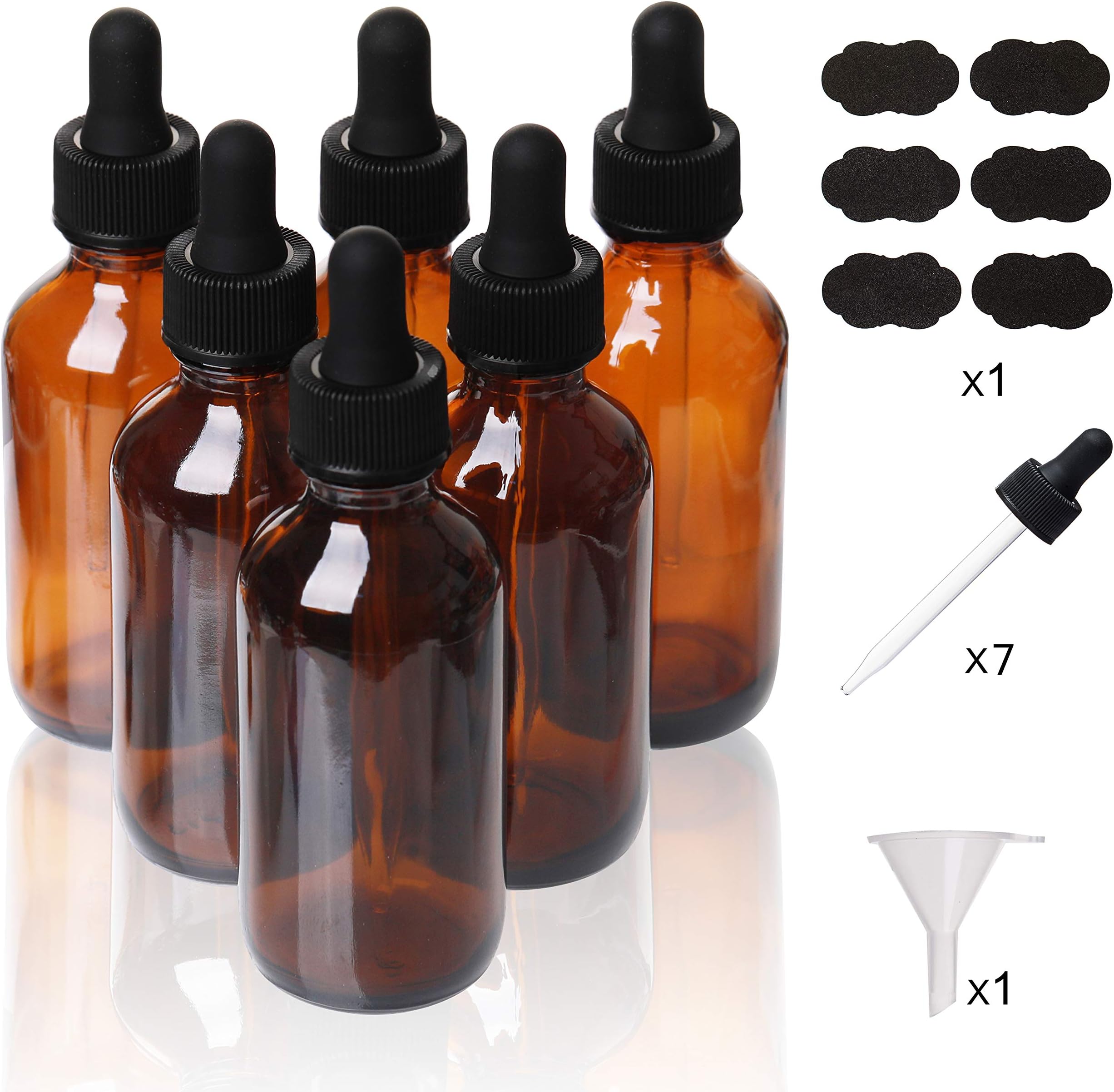 Auropack 60ml (2oz) Amber Boston Round Bottle with Glass Eye Dropper, Pack of 6
