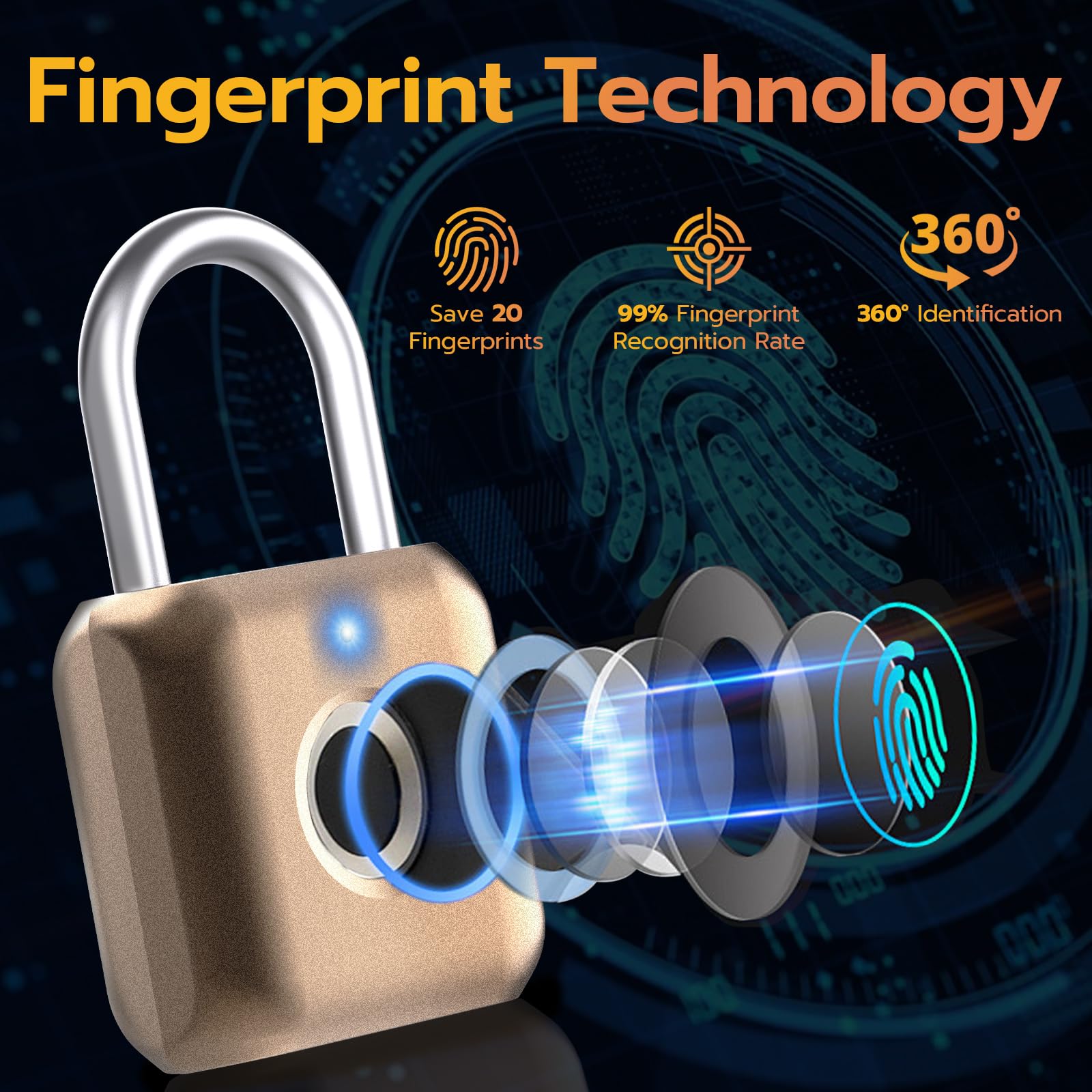 Pothunder Cadenas à empreintes digitales, cadenas intelligent, serrure biométrique en métal sans clé, rechargeable par USB, pour casier de gym, bagages, sac à dos (placer doré)