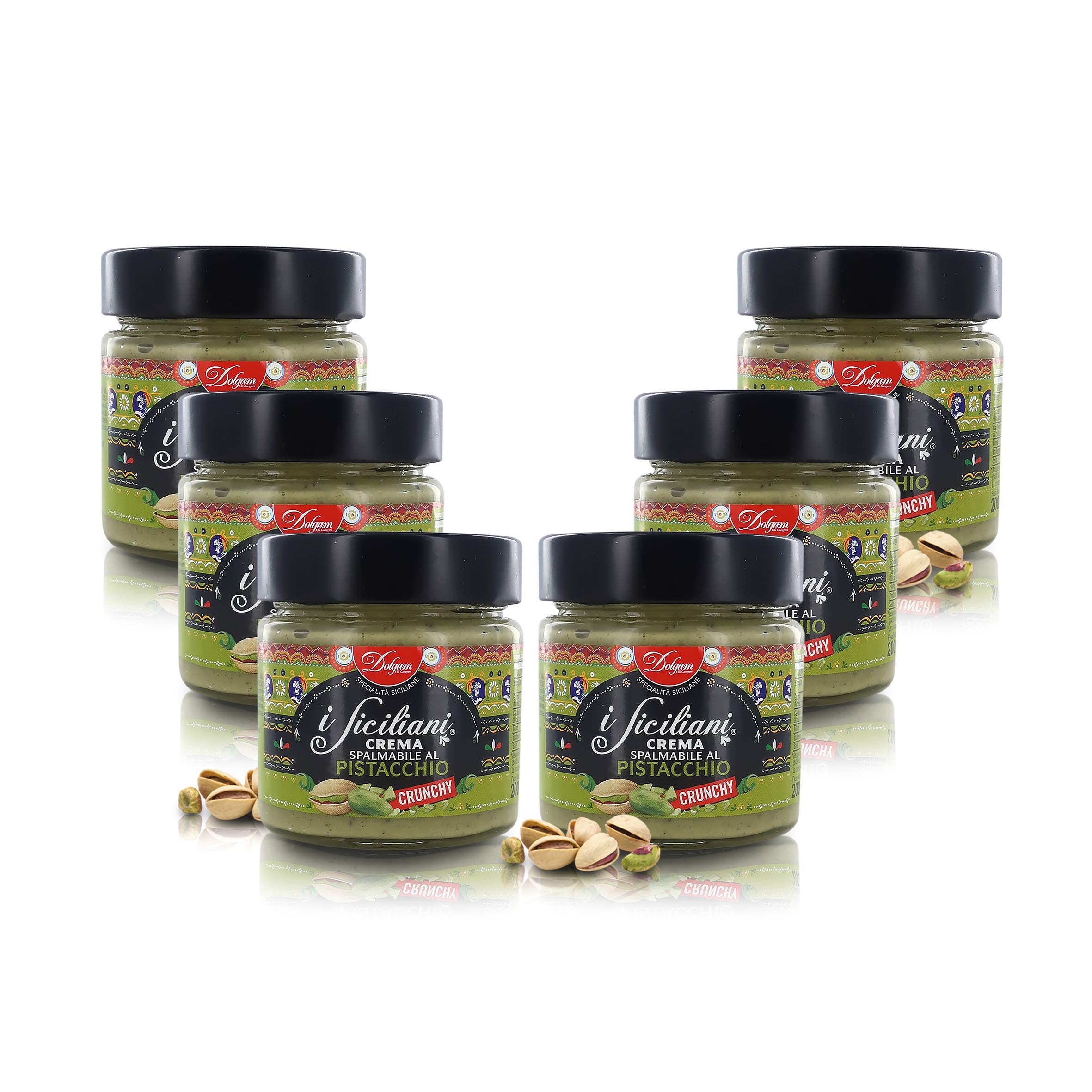 Dolgam Crema Spalmabile al Pistacchio con Granella di Pistacchio [Crunchy], Prodotta in Italia, ''I Siciliani'', 6 Vasetti da 200 Grammi L'Uno, Tot. 1,2 kg