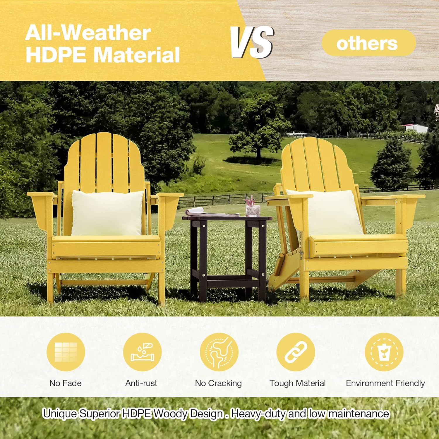 Erinnyees 2 Pcs Folding Adirondack Chair, HDPE Poly Lumber Weather Resistant Patio Chairs, Lawn Chair Outdoor Adirondack Chairs for Garden, Deck, Backyard, Lawn Furniture, Yello