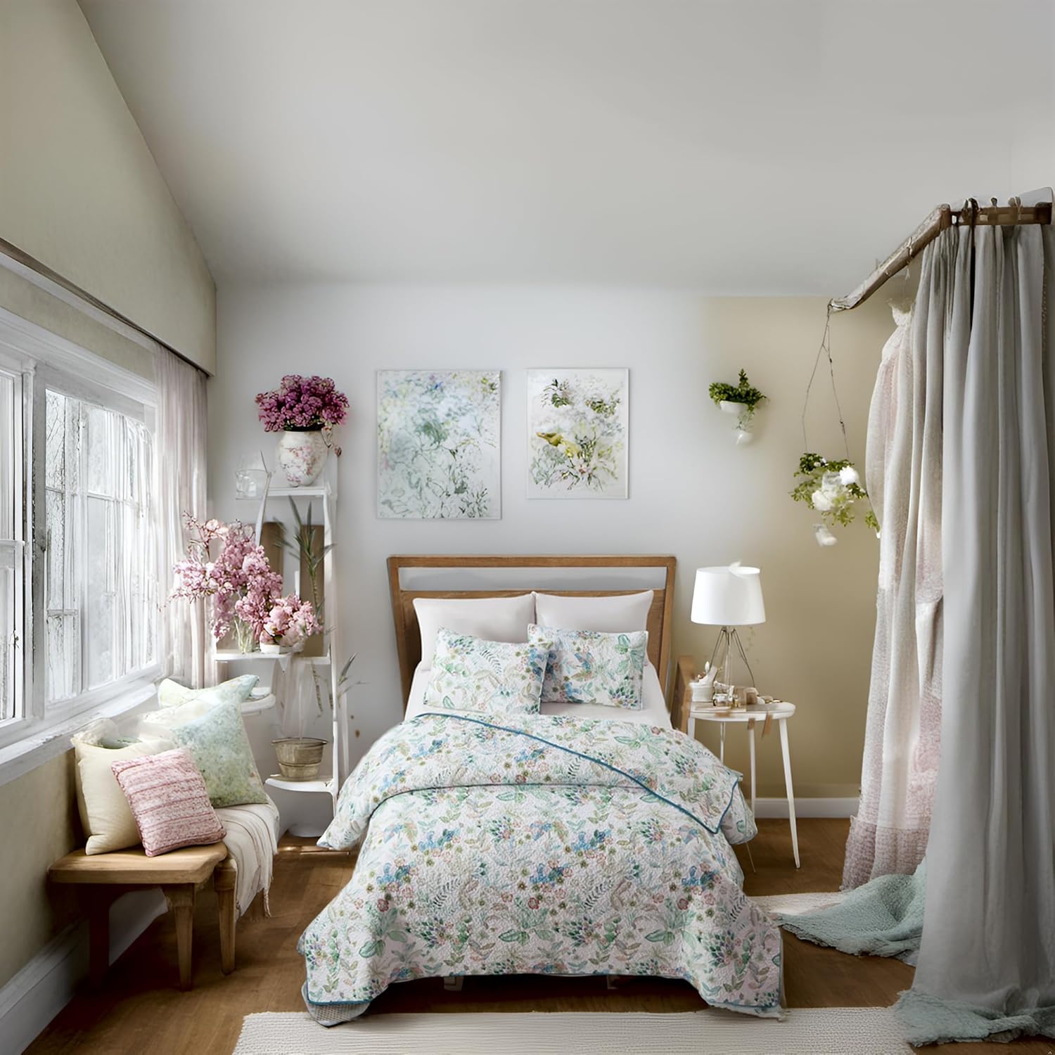 King Size Quilt Bedding Set Reversible Floral Print Coverlet Lightweight Comforter Vintage Plaid Microfiber Bedspread for All Season