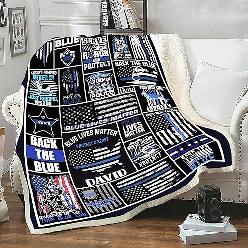 Miniatura 3 de Police Lives Matter - Manta personalizada con texto en inglés "Back The Blue Police", manta personalizada con nombre para papá, abuelo y hombre,