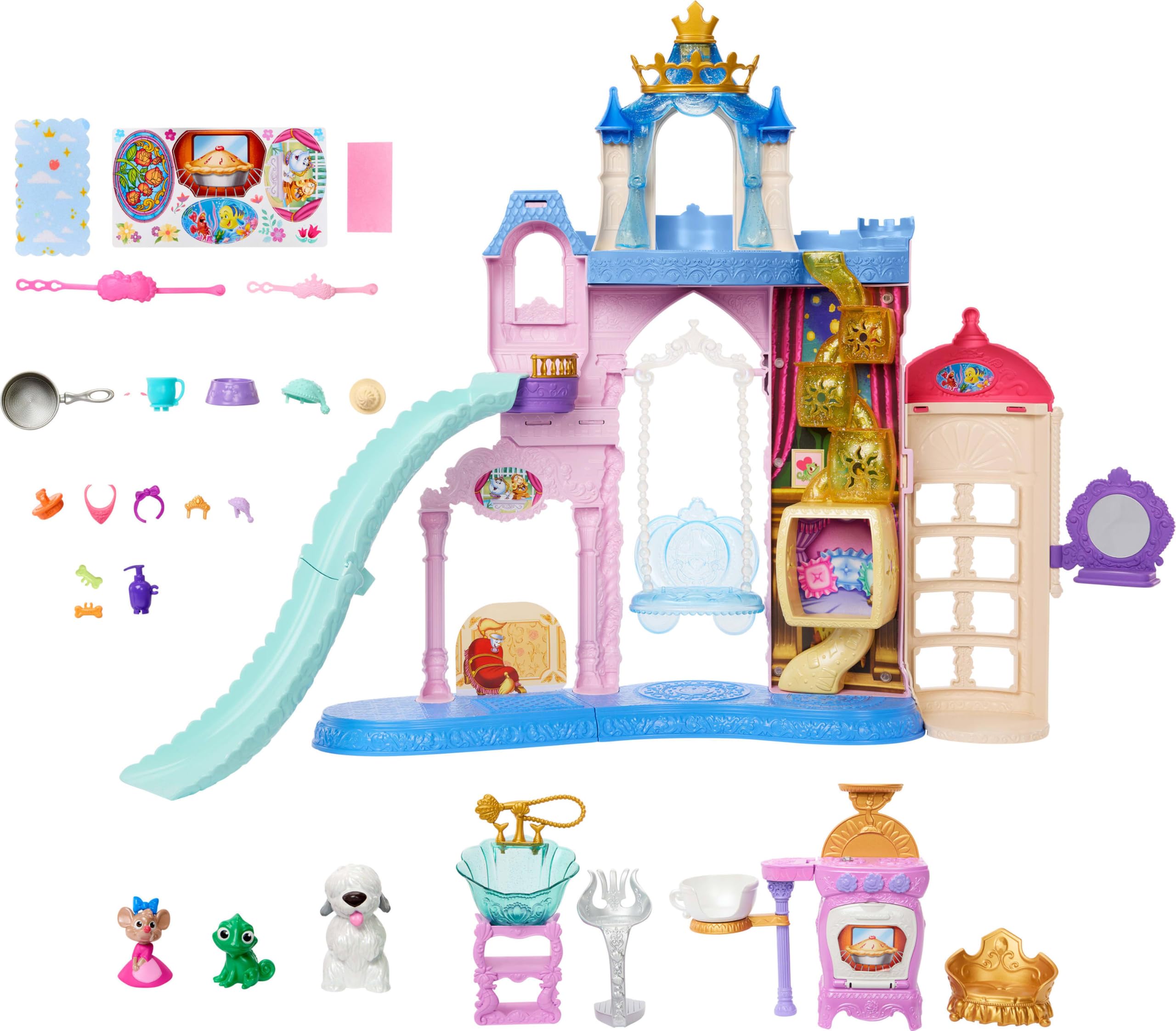 Mattel Disney Princess Zamek dla pupili, ponad 60 cm | 7 stref zabawy, 3 figurki zwierzątek, meble i 17 akcesoriów, domek dla pupili inspirowany filmami Disneya, JBF96