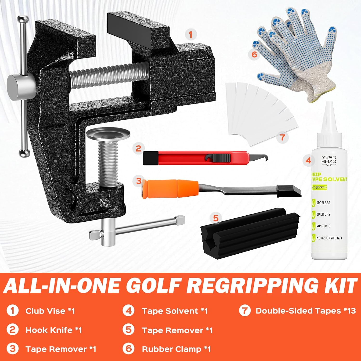 Portable Golf Club Regripping Kit with Bench Vise – Complete Set with Rubber Clamp, Solvent, Tape Strips & Tools for Grip Repair & Replacement, Home DIY (Small)