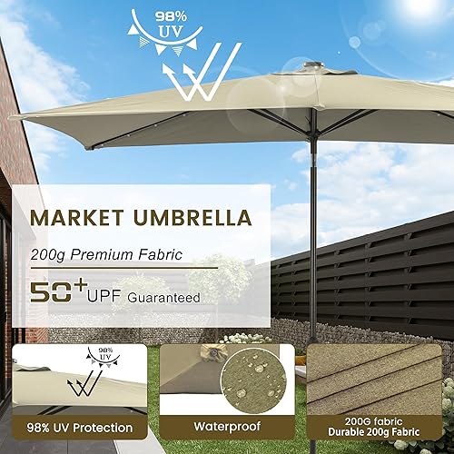 Miniatura 5 de MONDAWE Paraguas rectangular de mercado con luces LED solares de 10 x 6.5 pies para exteriores, sombrilla de patio con manivela, sombrilla de mesa