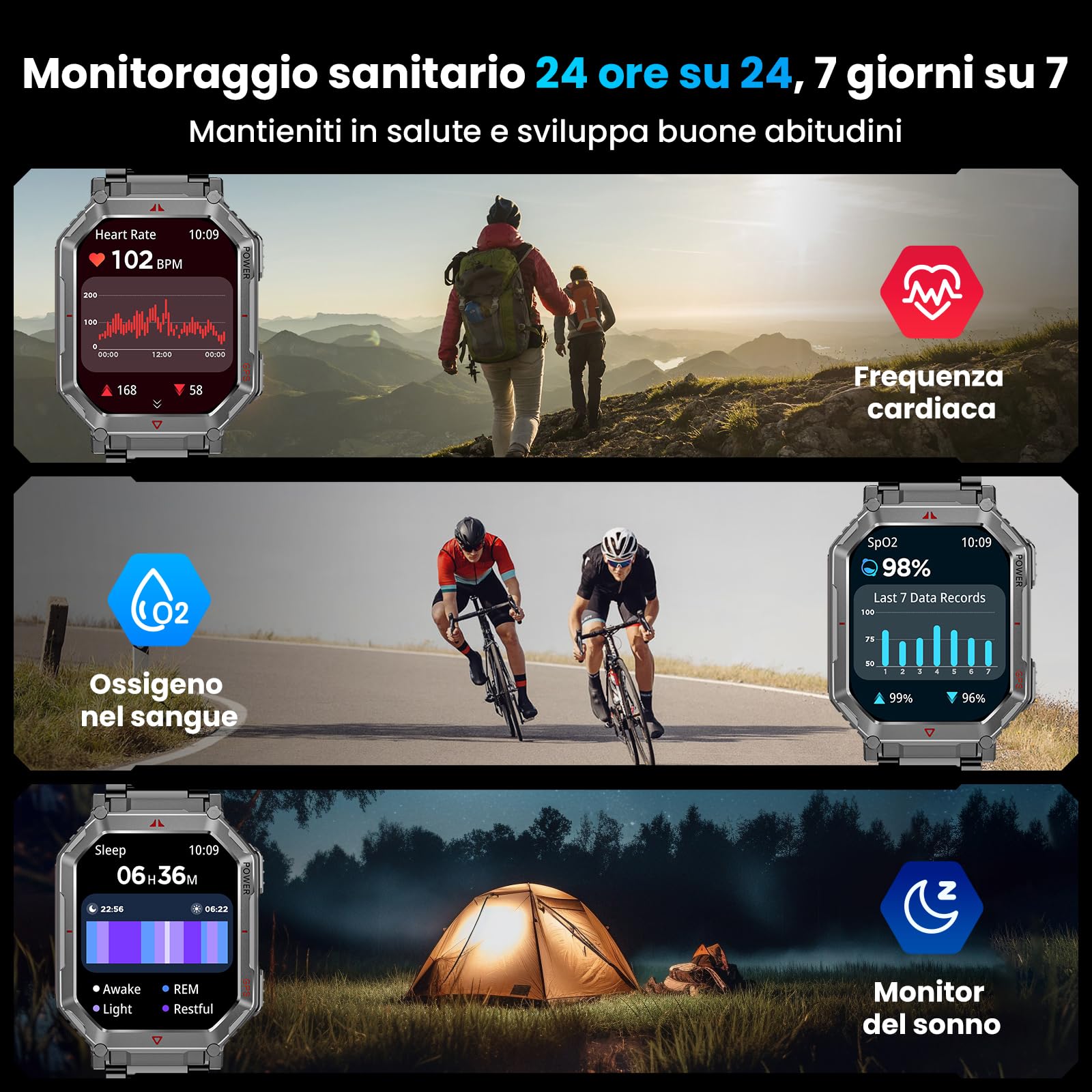 Orologio intelligente militare Cinghia in Acciaio per uomini, con GPS/bussola, assistente vocale GPT, display HD 2.01", chiamate Bluetooth, tracker fitness, compatibile con Android e iOS (Nero)
