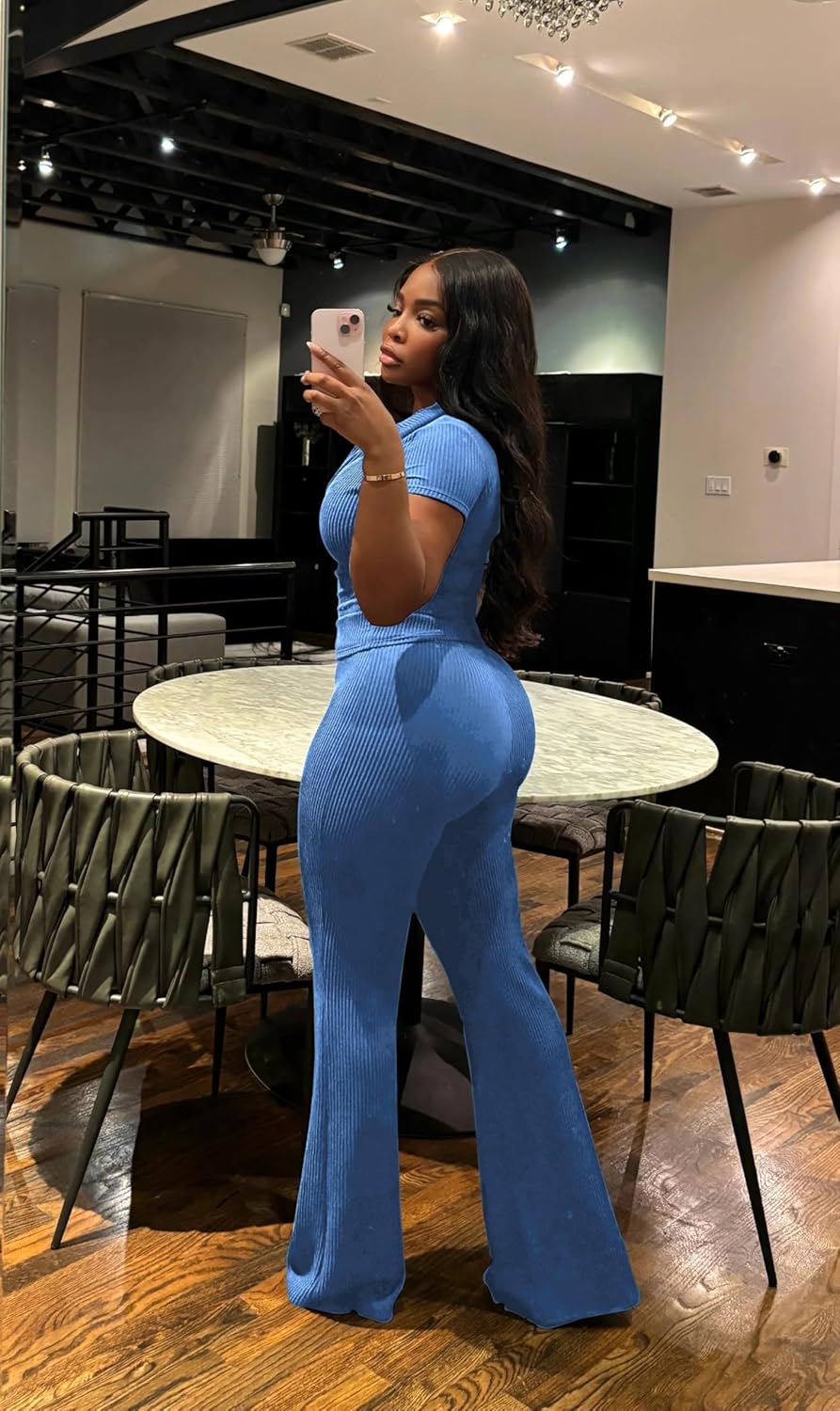 HBQ Women Two Piece Outfit Ribbed Short Sleeve V Neck Polo Top and Flare Pants Casual Lounge Sets Tracksuit - Image 3