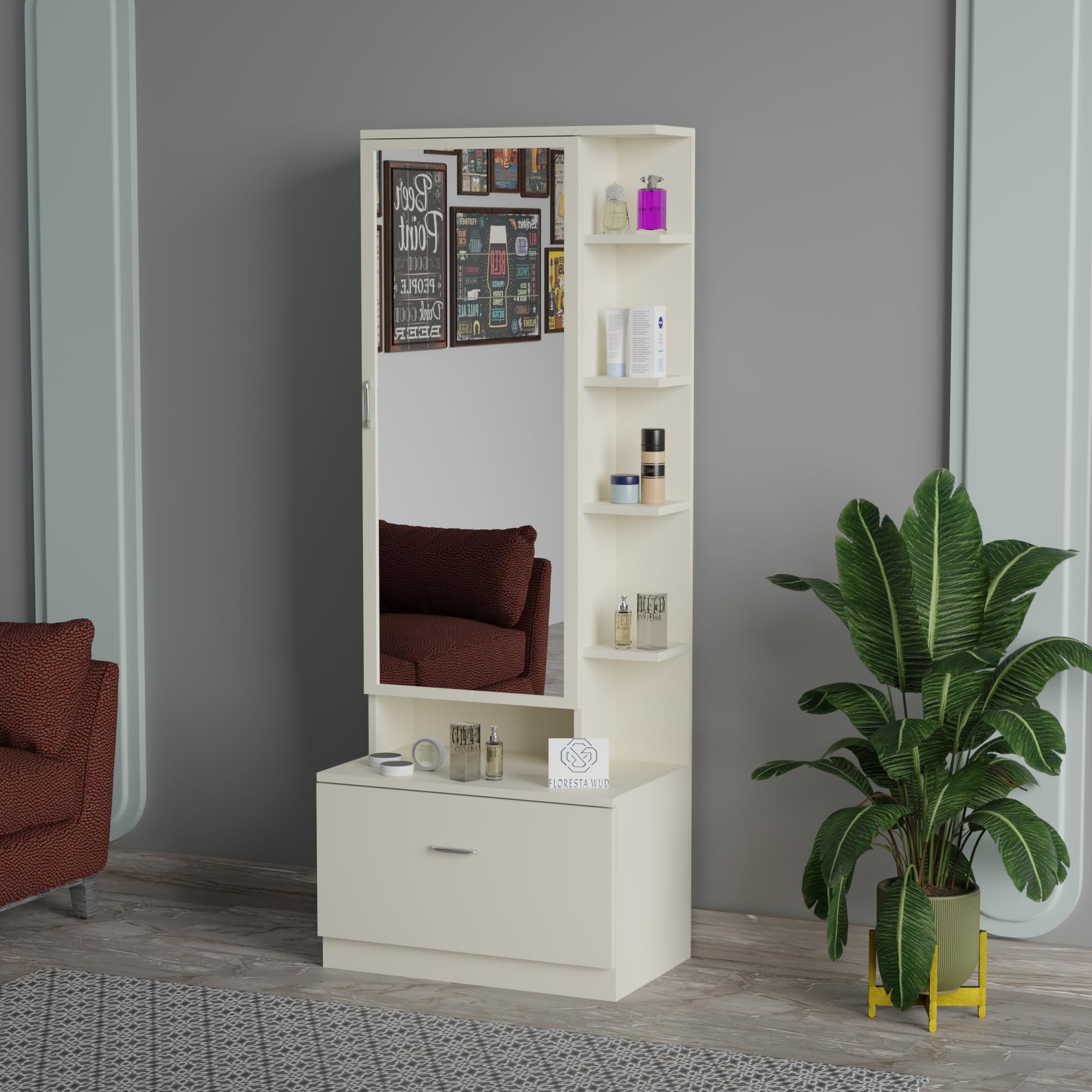 Viz Craft Engineered Wood Dressing Table with Mirror & Shelves Storage for Living Room | Bedroom | Modern Design Vanity Table (Finish Color - White, Do It Yourself)-image-28