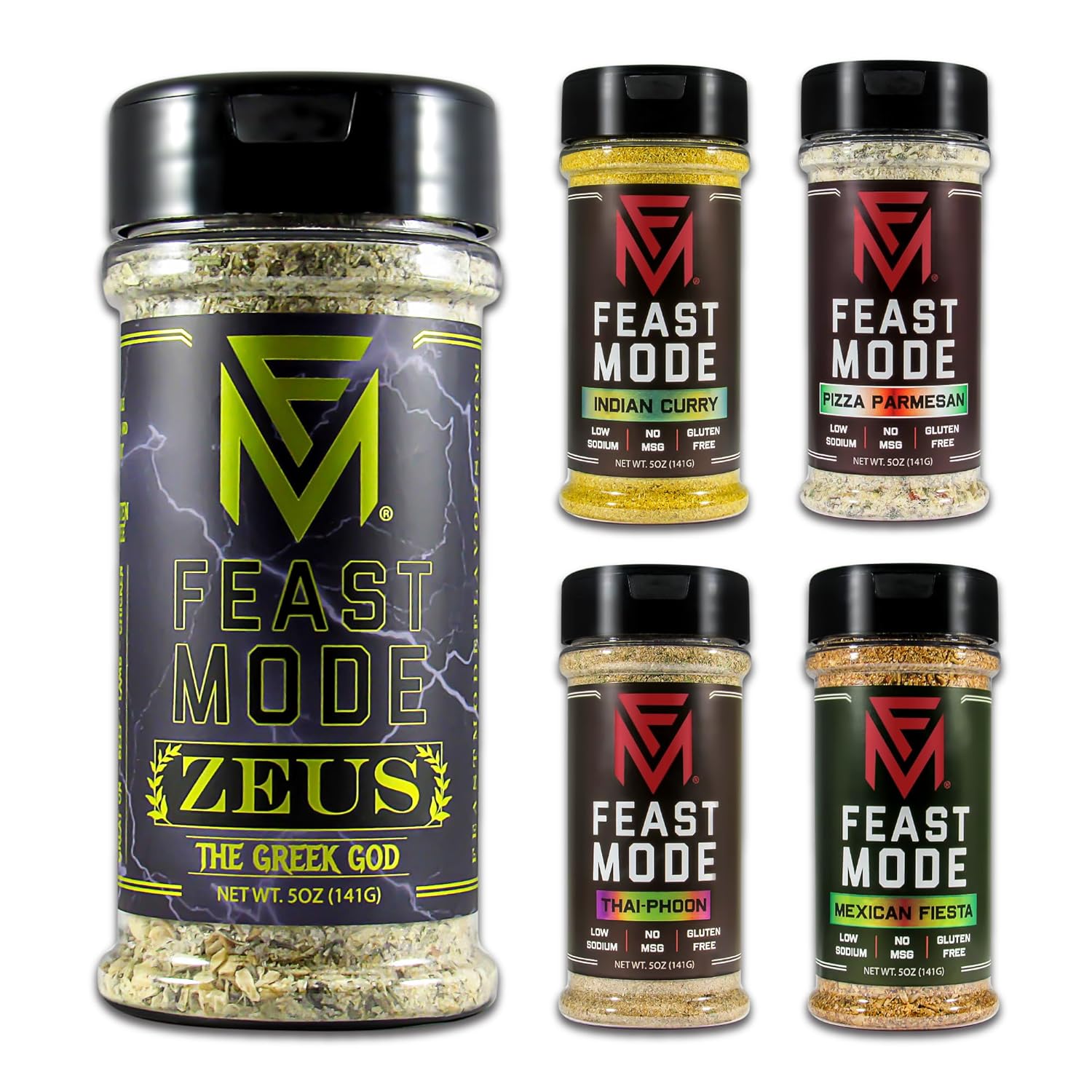 Feast Mode Flavors | Olympian Pack | 5 count | 5oz seasonings | meal prep seasoning, low sodium, no msg, gluten free, low calorie, no artificial fillers, healthy flavoring, savory, oregano, greek, curry, coriander, parmesan, crushed red pepper, ginger, fennel, chili powder, chipotle