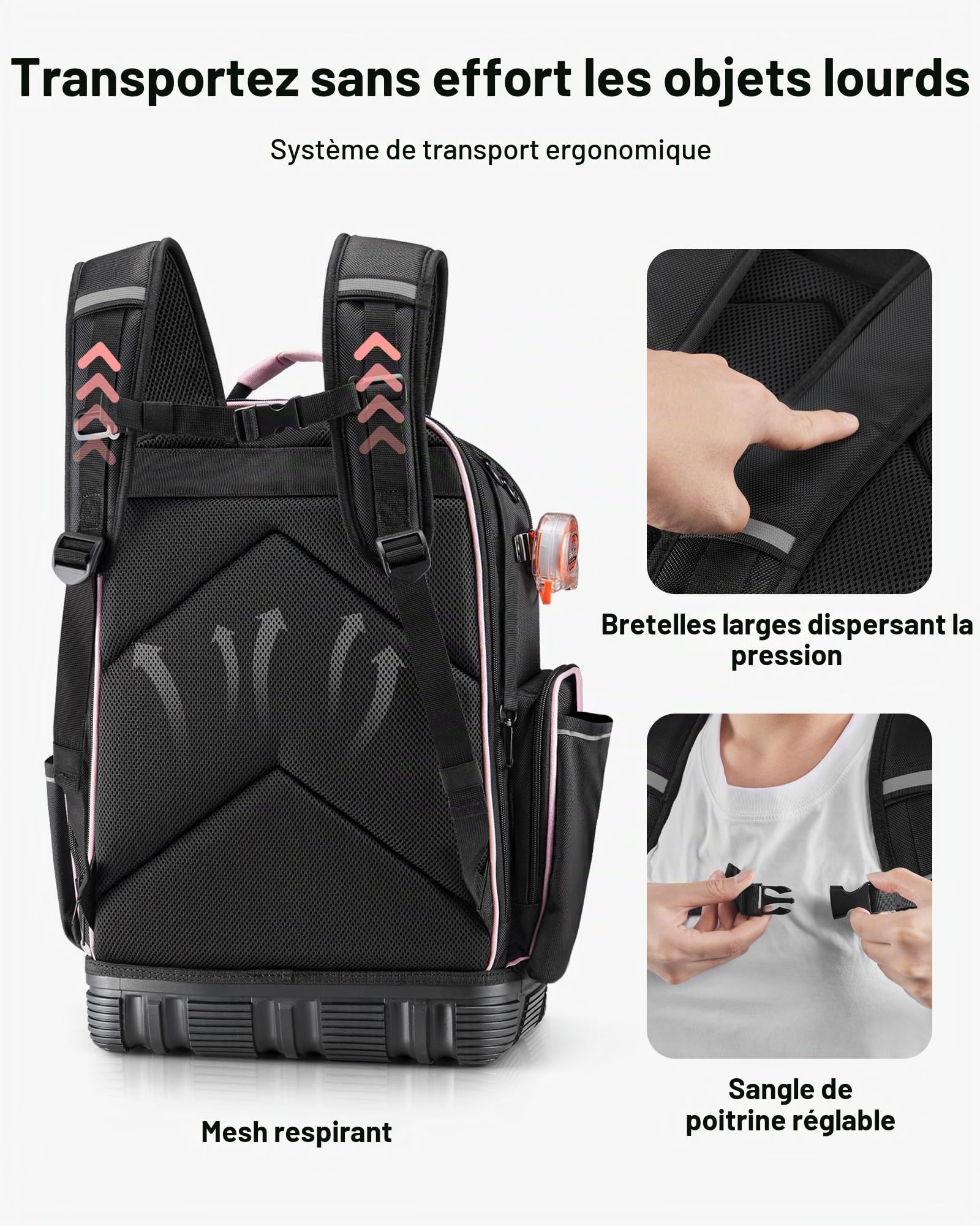 VEVOR Sac à Dos à Outils, Charge 31,75 kg, Sac à Outils, 33x20x49 cm, avec 56 Poches, Compartiment Ordinateur Portable, Base, Organisateur à Outil Robuste pour Chantier, Électricien, Réparateur CVC