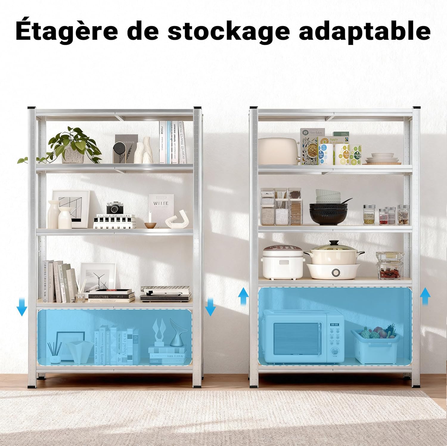 Image showing how shelf heights can be adjusted to fit different items, such as books or a microwave.
