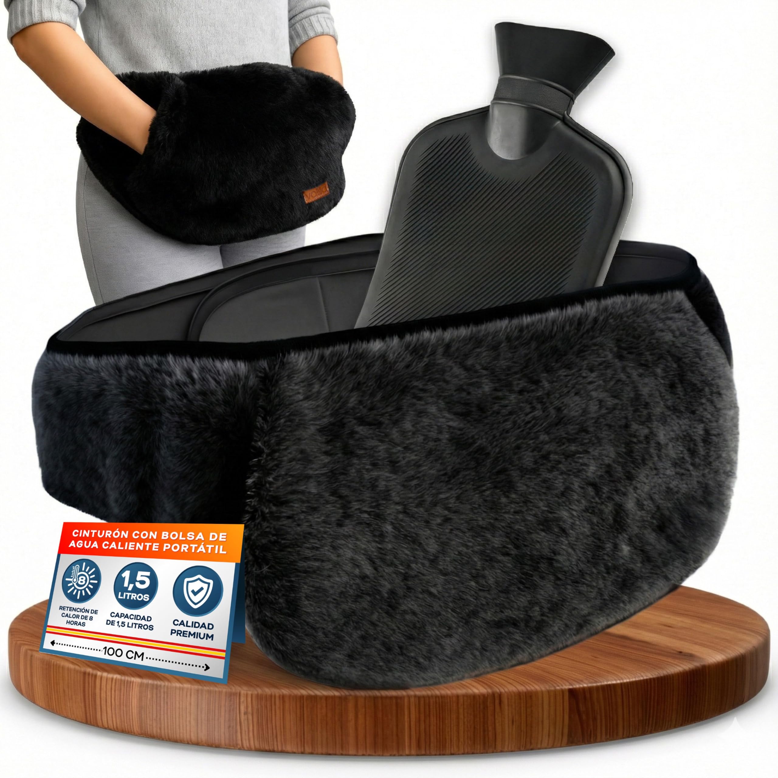 Cinturón de Bolsa Agua Caliente - Bolsa de Agua Caliente de 1,5L que se Envuelve - Bolsa de Agua Caliente de Lujo, Suave y Usable para el Dolor Menstrual (Negro)