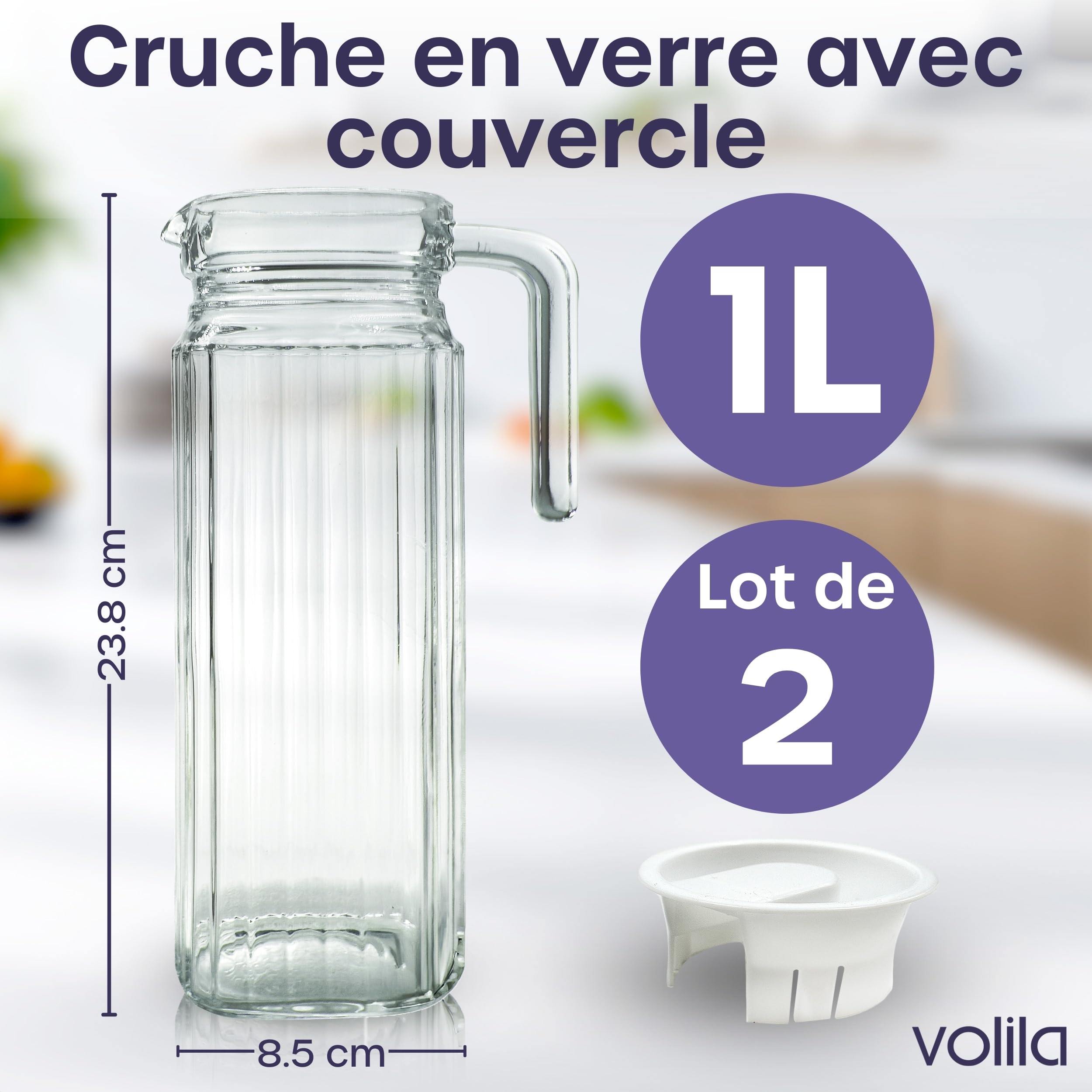 Jarra Cristal Nevera 1L de Vidrio con Tapa (Pack de 2) - Jarra Transparente con Diseño Acanalado y Asa para Estante del Frigorífico y Uso Diario con Boquilla con Ventilación (Paquete de 2)