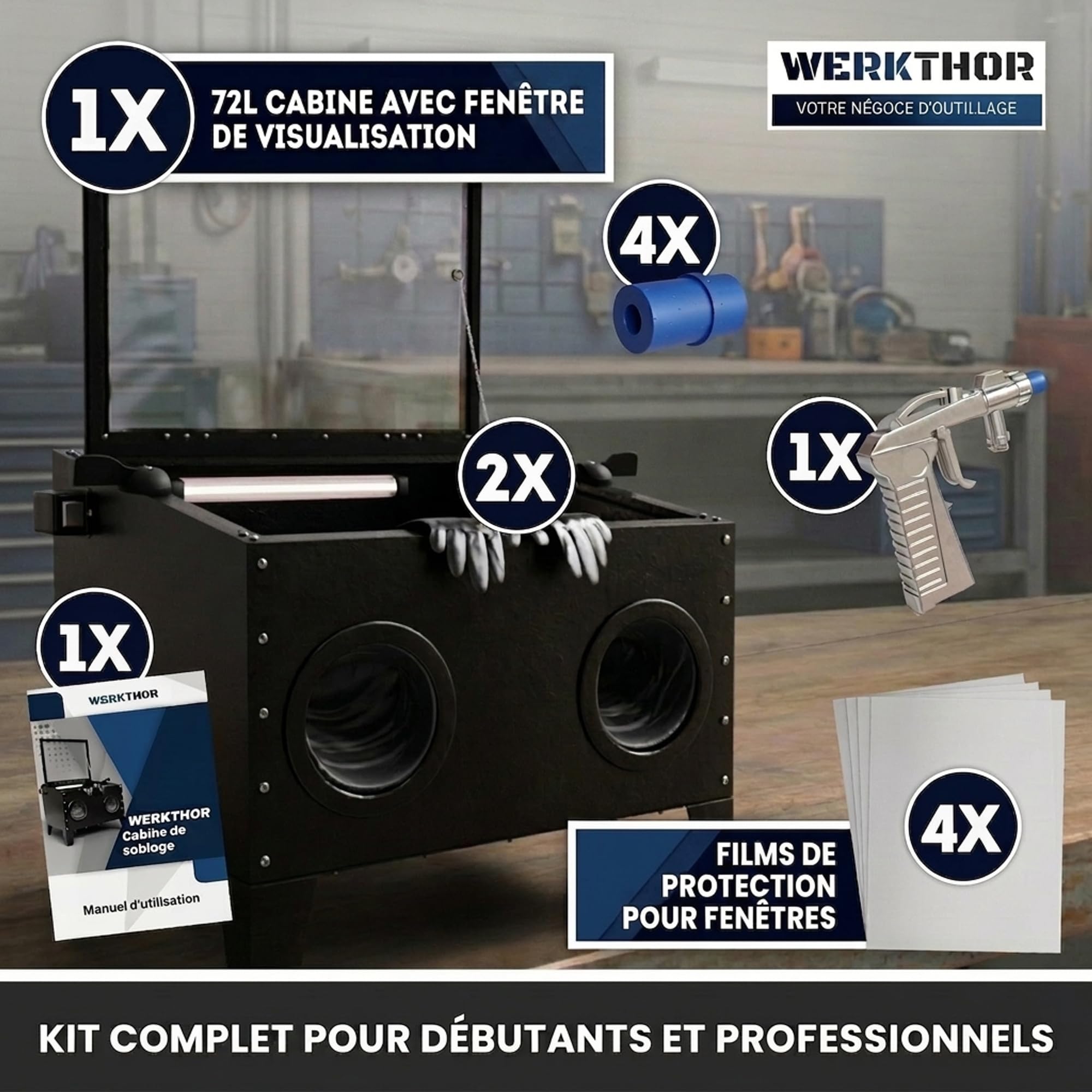 Werkthor Cabine de sablage 90 l – Sableuse pour bois et métal avec pistolet de pulvérisation et 4 buses en céramique – Sableuse pour le traitement – 25 gallons