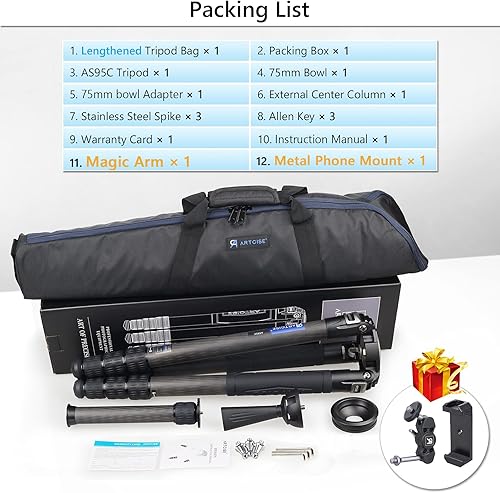 Miniatura 9 de Trípode de fibra de carbono de 10 capas de 1.575 in con columna central externa, ultra estable, profesional, resistente, de carbono, trípode CNC