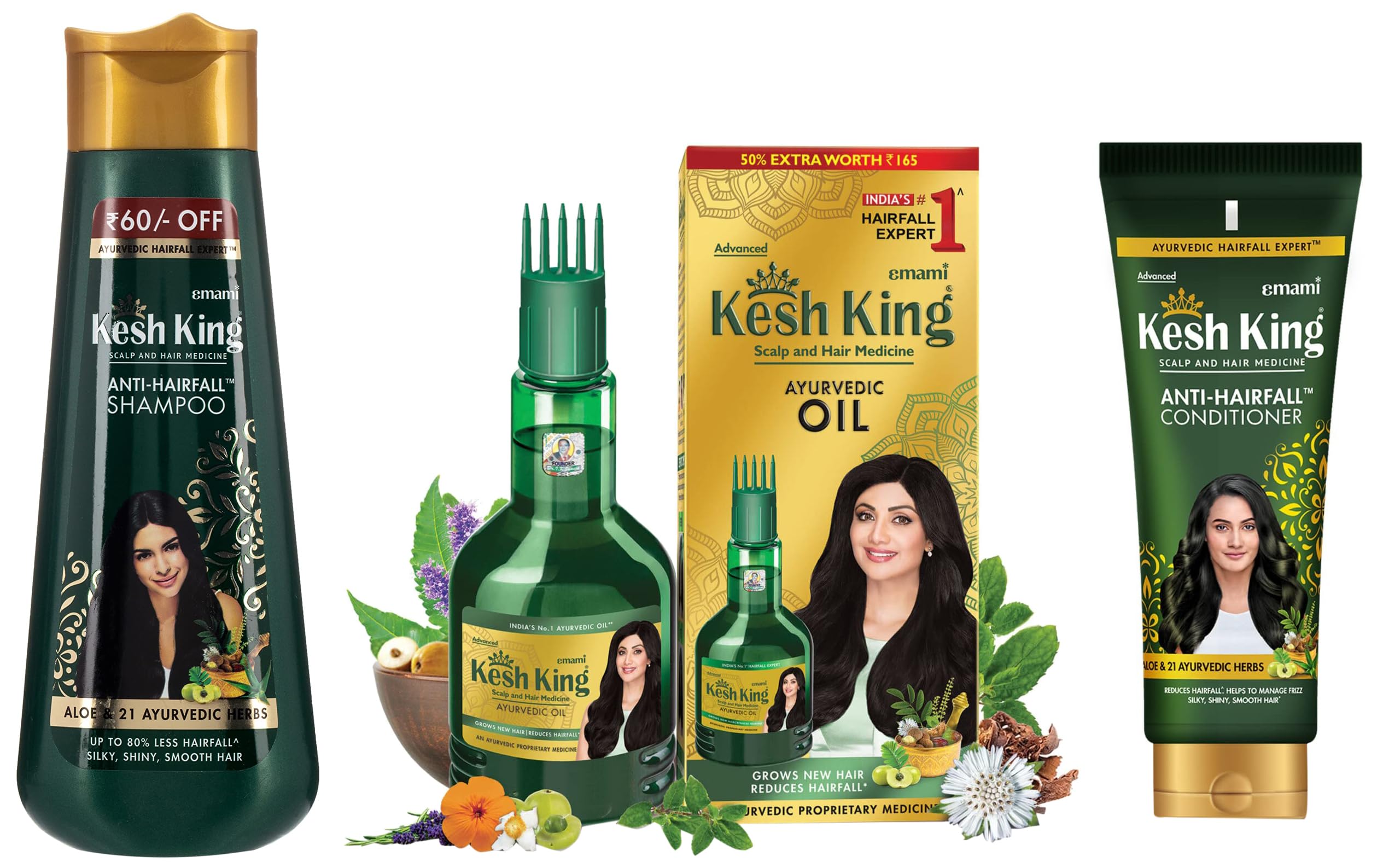 Kesh King Ayurvedic Anti Hairfall Hair Kit with Shampoo 340ml, Conditioner 200ml & Oil 300ml, Aloe Vera & 21 Herbs, Unisex, All Hair Types