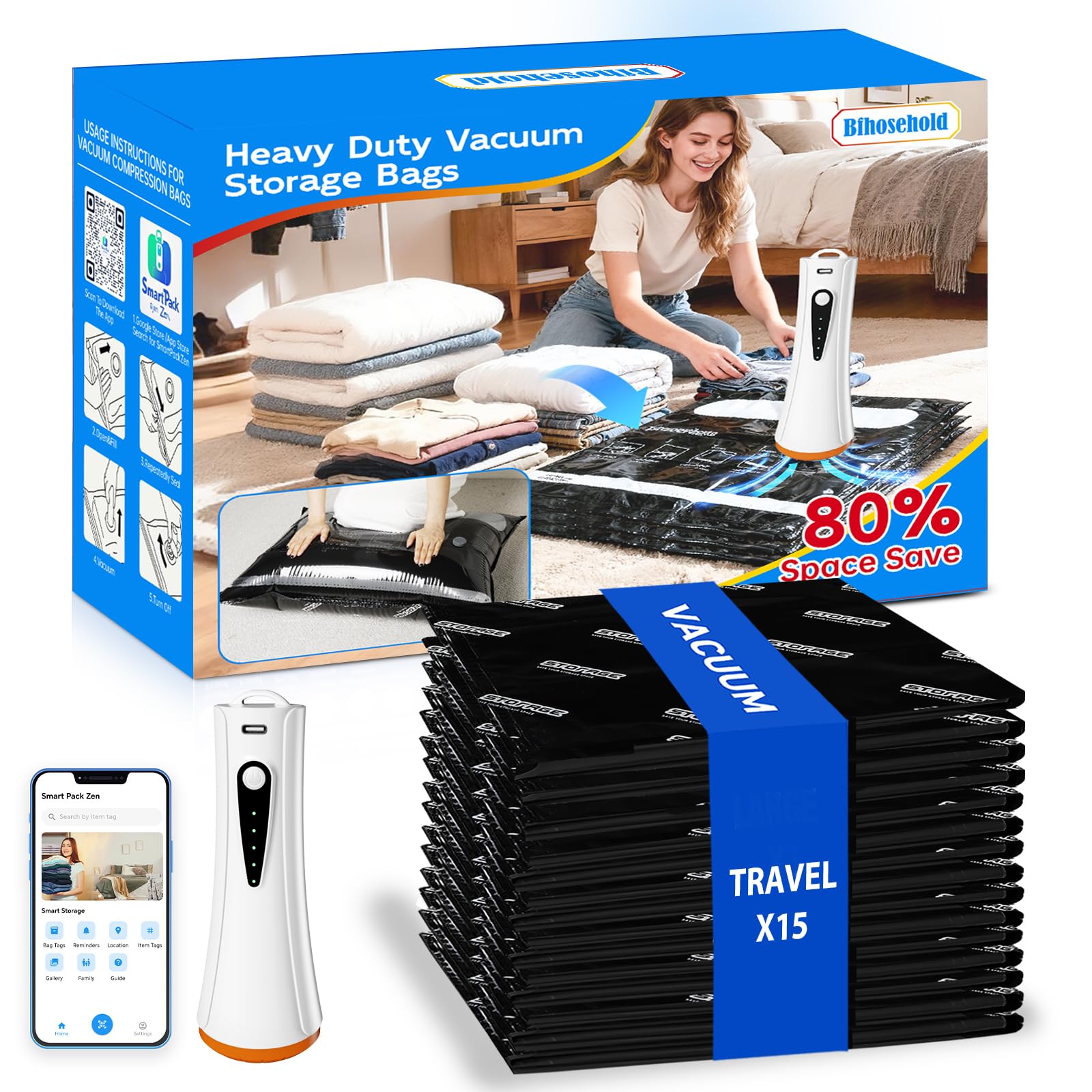 Bolsas de almacenamiento al vacío de viaje con bomba eléctrica, paquete de 15 bolsas de sellado al vacío para ropa, ropa de cama, almohada, edredones, mantas, bolsas de compresión, incluye bomba