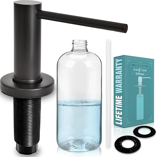 Dispensador de jabón integrado para fregadero de cocina, bomba de acero inoxidable, botella de jabón grande de 17 onzas, se monta en tu encimera de
