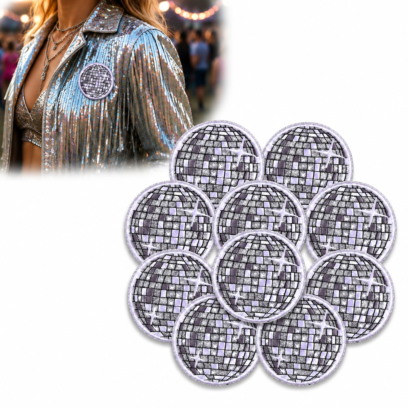 10 Pack Disco Ball Iron-On Patches, 8 cm Silver Clothing Appliqués