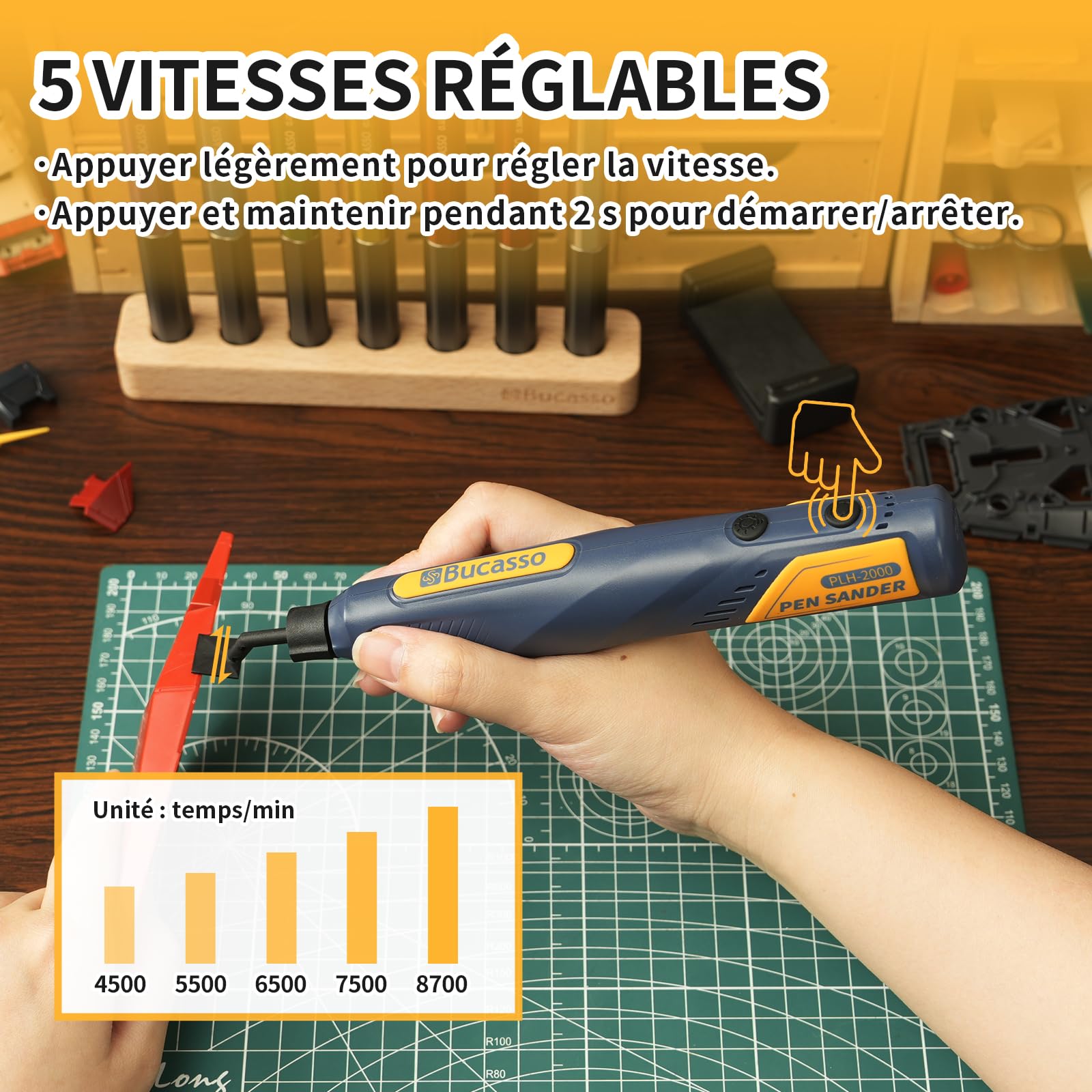 Ponceuse à stylo sans fil, 5 vitesses et chargement USB avec lumière LED, outil électrique polyvalent, mini ponceuse électrique pour le ponçage, le polissage, la finition et le bricolage