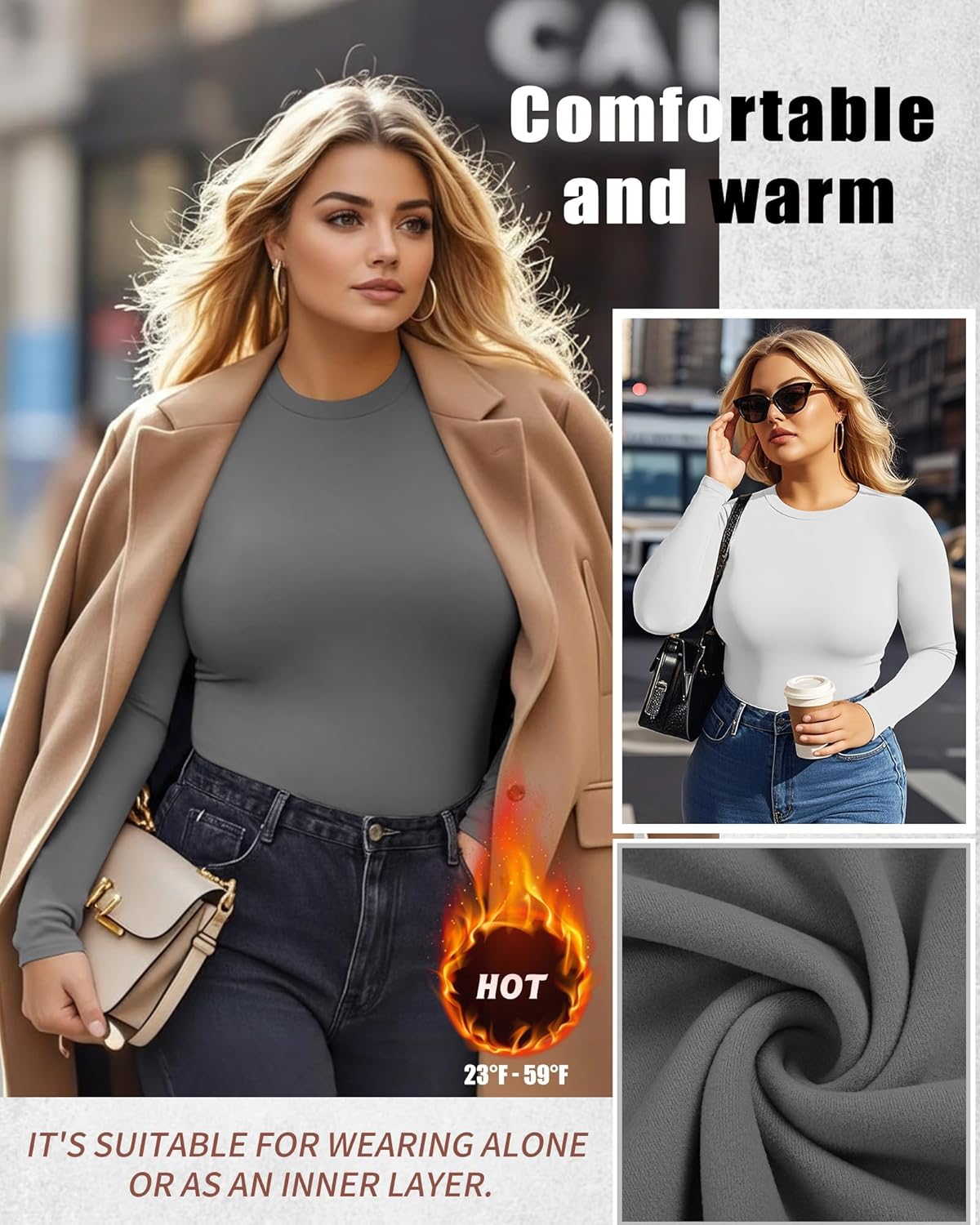 3 Pack Women's Plus Size Thermal Shirts Raglan Sleeve Crew Neck Fleece Lined Tops Long Sleeve Base Layer Underwear - Image 2