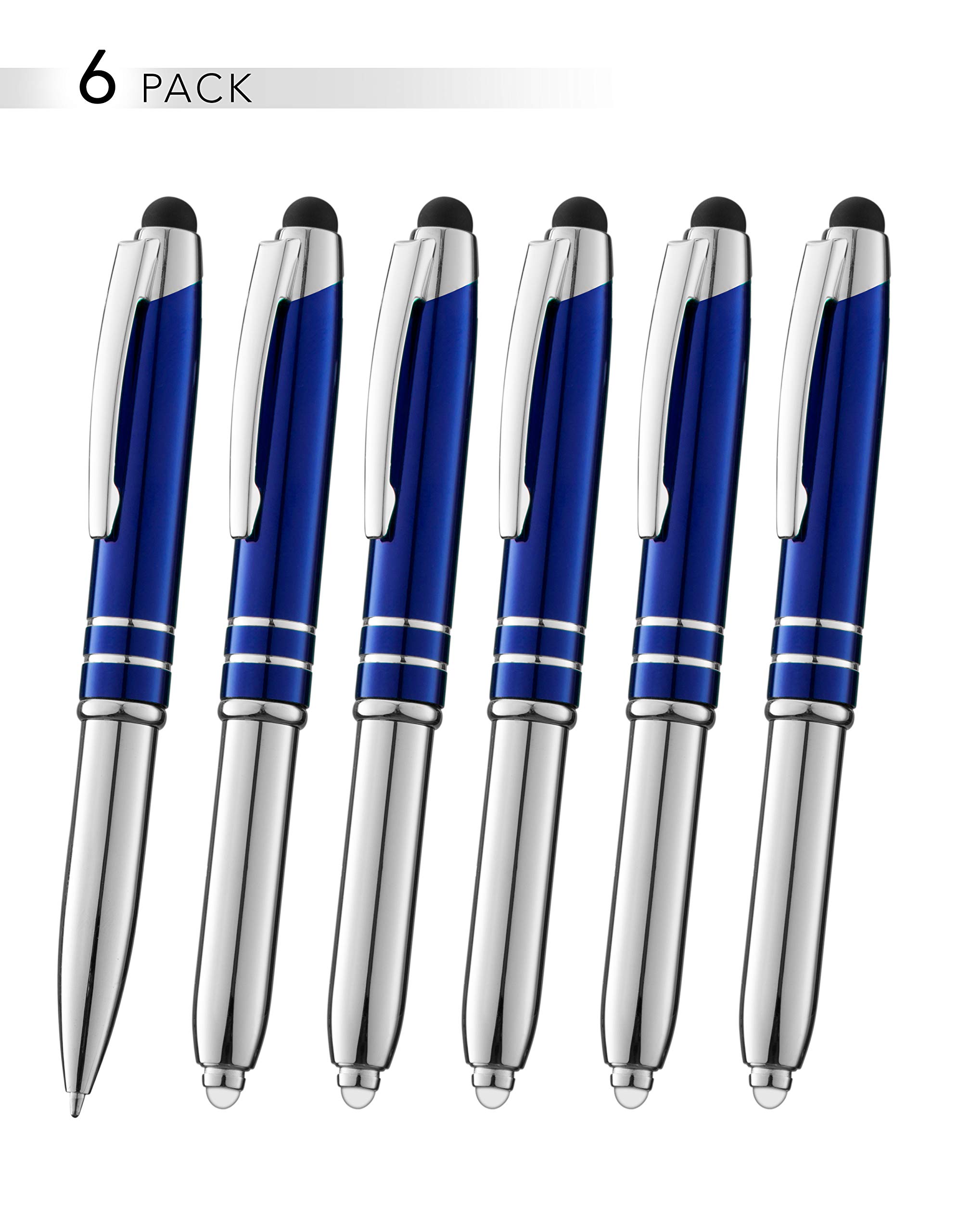 SyPen Lot de 6 Stylets pour appareils tactiles, tablettes, iPad, iPhone, Stylo capacitif Multifonction avec Lampe de Poche LED, Stylo à Bille, Stylo à Encre métallique, Encre Noire, Corps Bleu