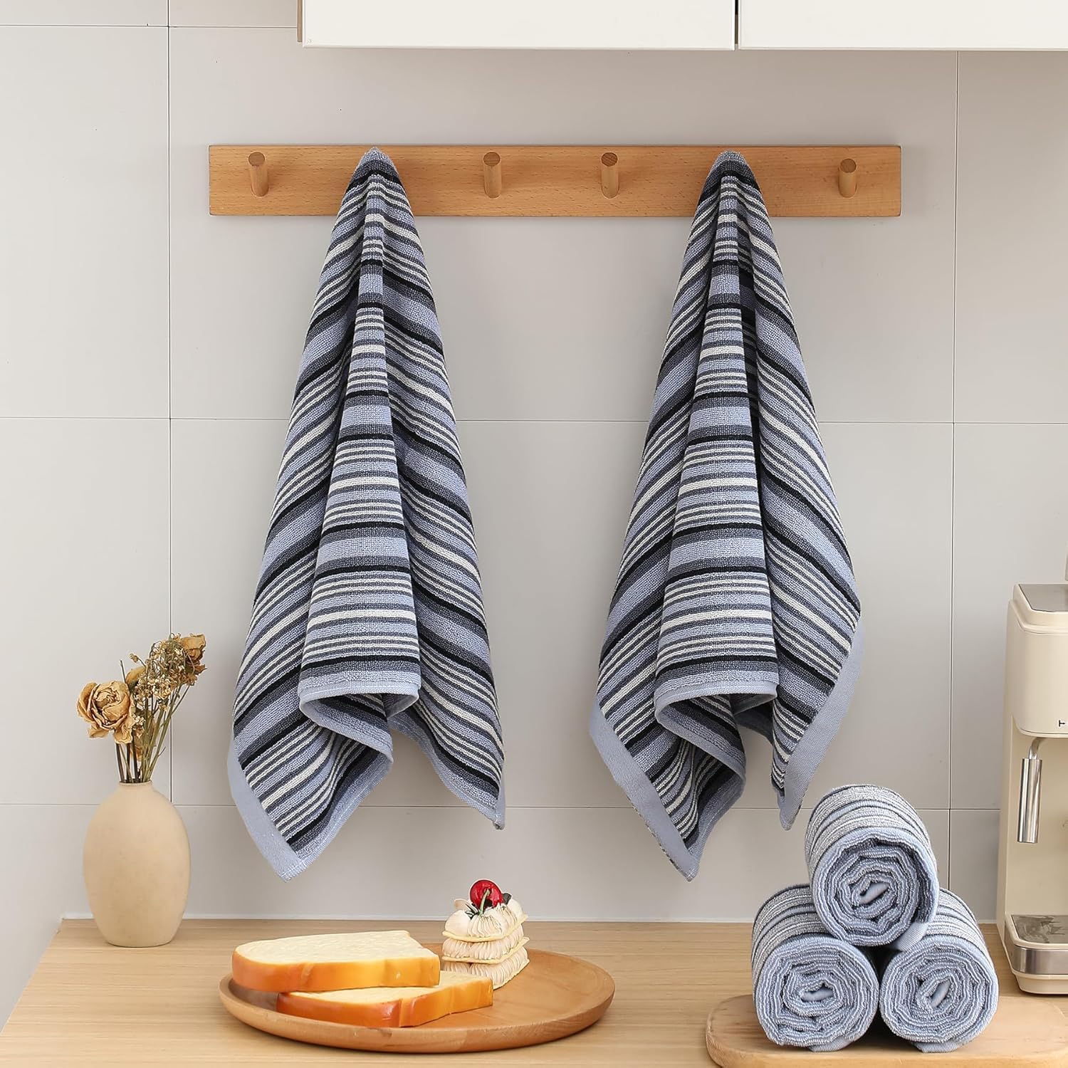 SALAS Paños de cocina de alta calidad para secar platos, paños de cocina grandes de algodón, toallas de mano, paños de rizo a rayas, juegos de toallas gruesas altamente absorbentes con lazo para