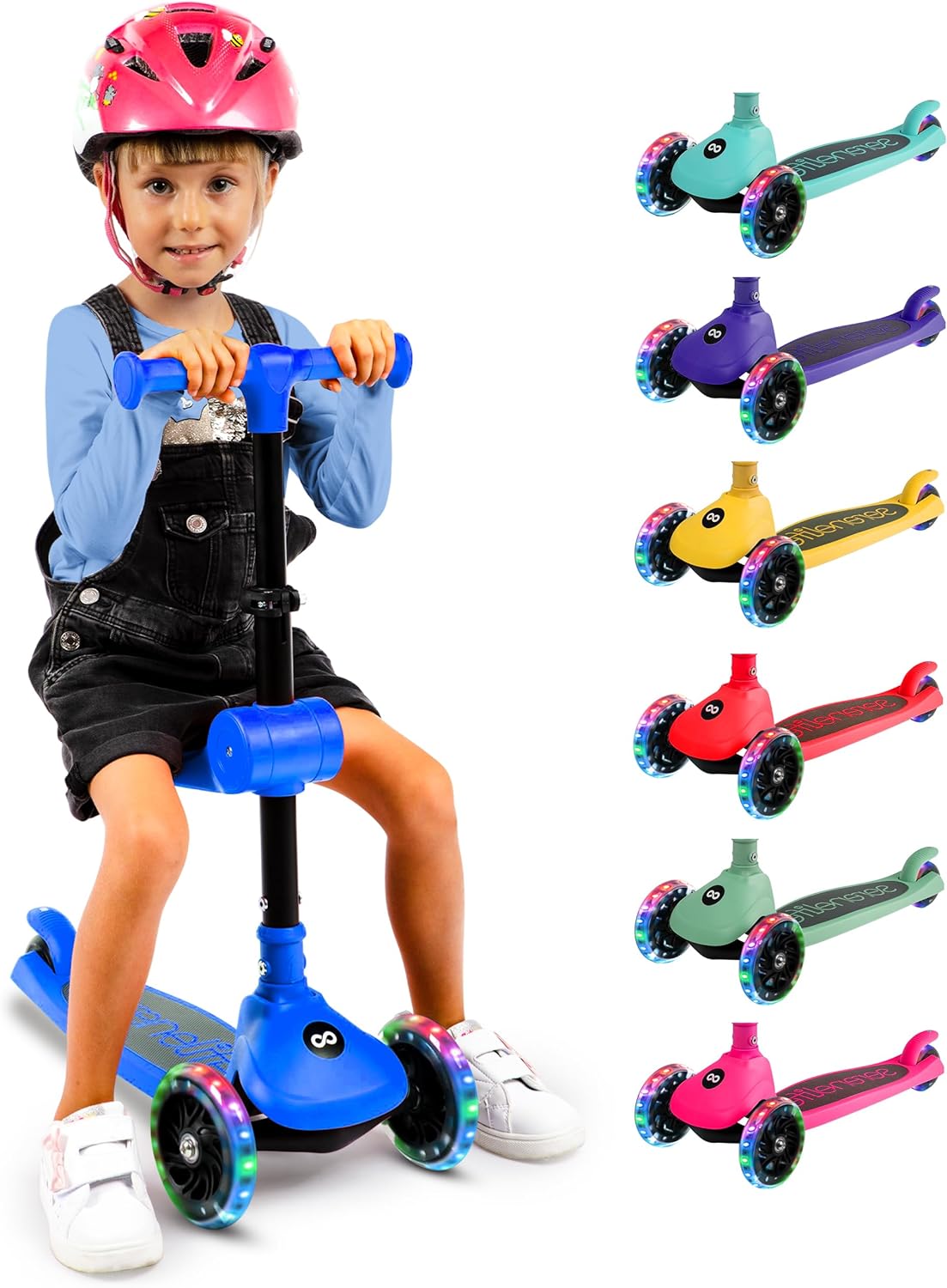 SereneLife 3-Wheel Foldable Kids Scooter – LED Wheel Lights, Adjustable Handlebar, Rear Foot Brake, Lean-to-Steer, Anti-Slip Deck – Ideal for Toddlers & Kids 3+, up to 110 lbs with seat Blue