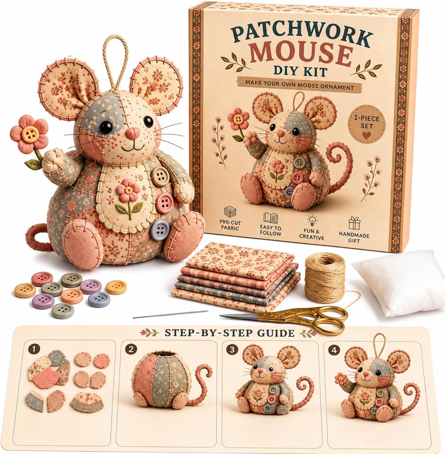 Patchwork Mouse DIY Sewing Kit,Handmade Sewing Craft Kit with Floral Fabric, Stuffing Buttons Cute Stuffed Mouse Ornament,Creative Patchwork Animal Craft Project,for Beginners Holiday & Birthday Gift