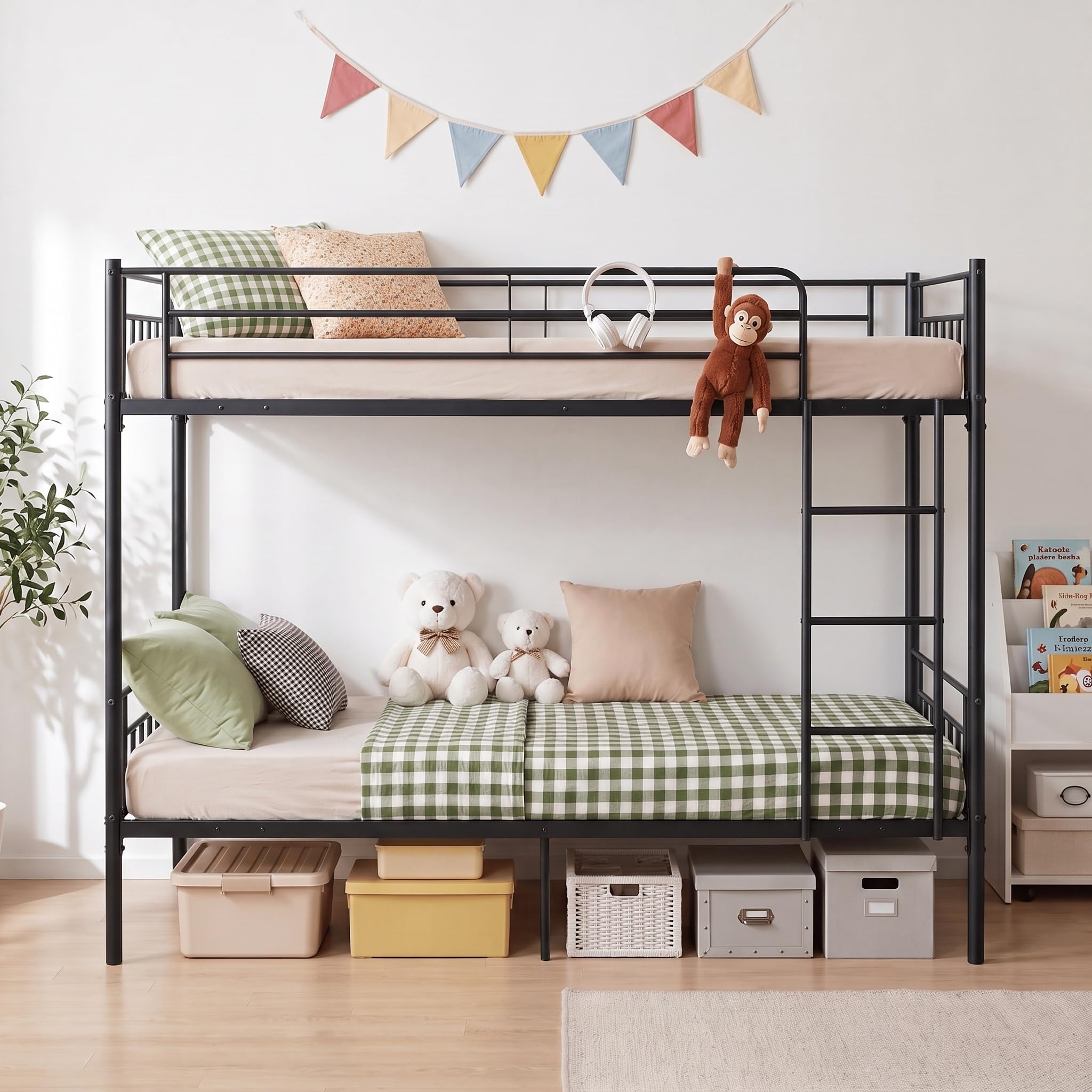Panana Double Bed Kids Bunk Beds 3FT Single Bed Children Metal Bed Frame With Stairs (Black)