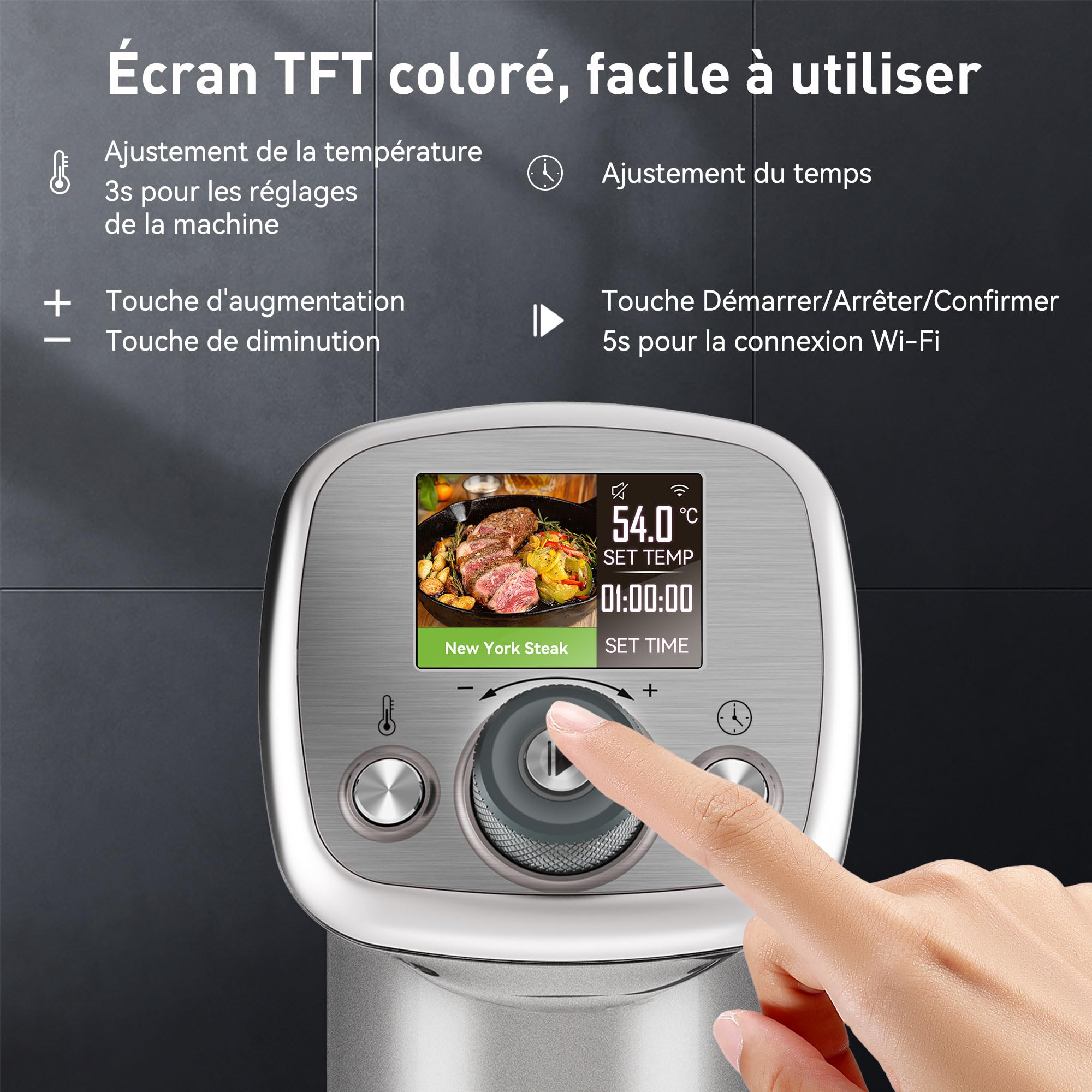 KitchenBoss Thermoplongeur Cuiseur Sous Vide WIFI：Cuisson Sous vide APP Contrôle, Calculateur d'Immersion de Cuisinière, 40℃-90℃ Contrôle Précis de la Température, TFT, IPX7, 1100