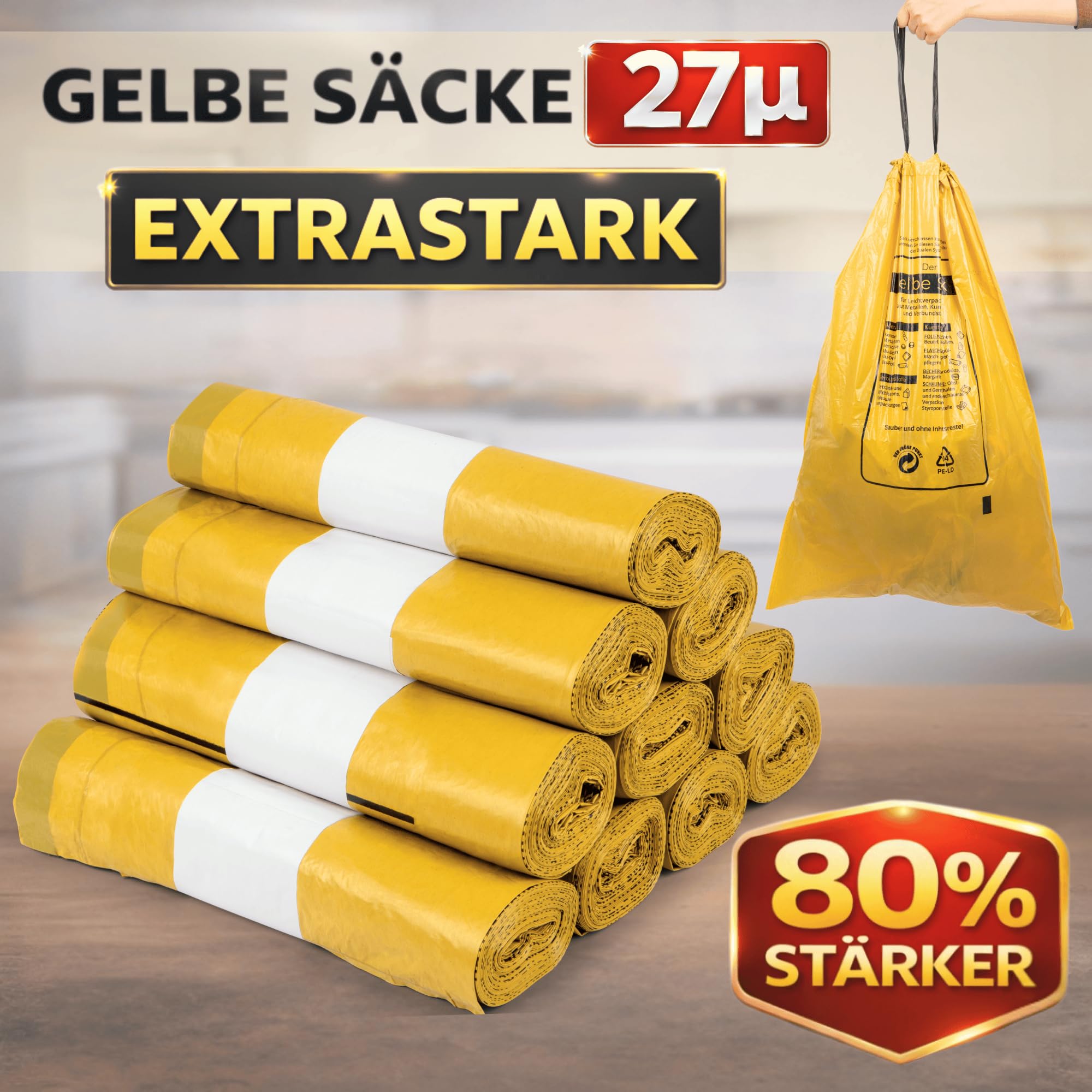 extra starker Gelber Sack 27µ, 5 Rollen Gelbe Säcke, 90 Liter, (die stärksten)- Wertstoffsack DSD konform (5)