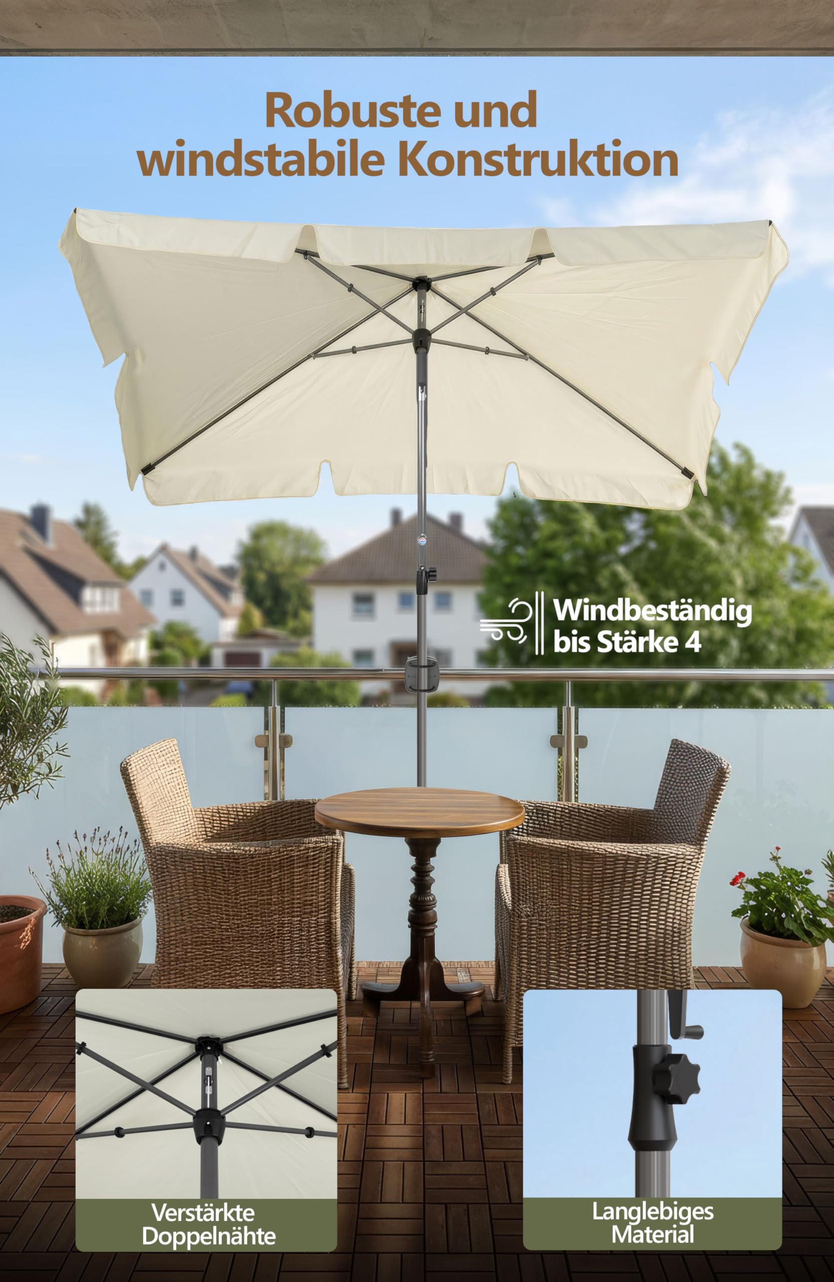 Menz SunnyShade Balkonschirm, mit Kurbel, Roma, mit Schutzhülle, Sonnenschirm Balkon 200x125 cm, Sonnenschirm rechteckig, UV 50+ Sonnenschutz Balkon, knickbar und höhenverstellbar, Beige