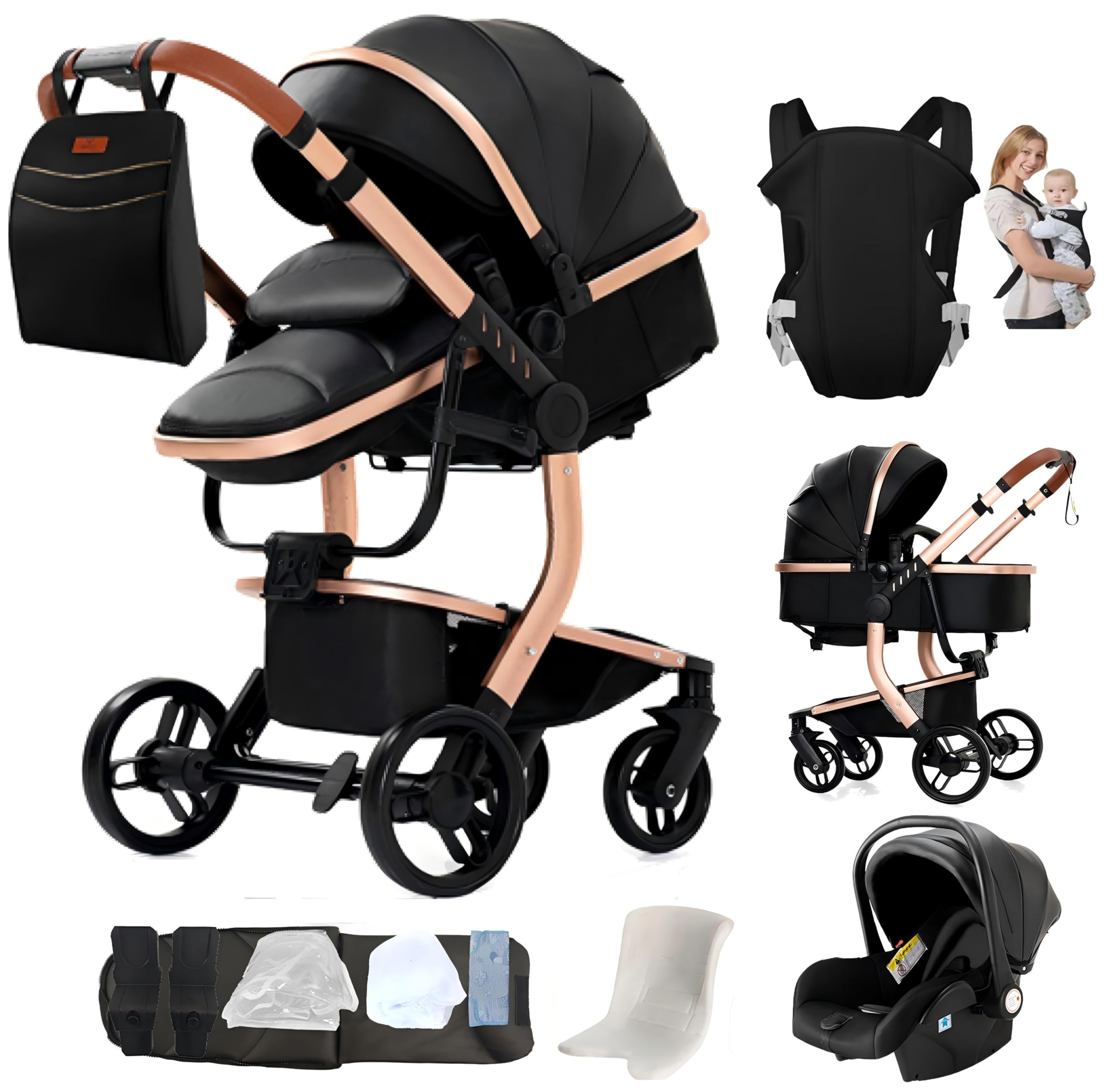 3 in 1 Kinderwagen aus PU Leder, Wendbares Baby-Reisesystem, mit Einem Klick Zusammenklappbarer Kinderwagen und Komplettes Zubehör, Zwei Bremsmodi für Vorder- und Hinterräder（Black）