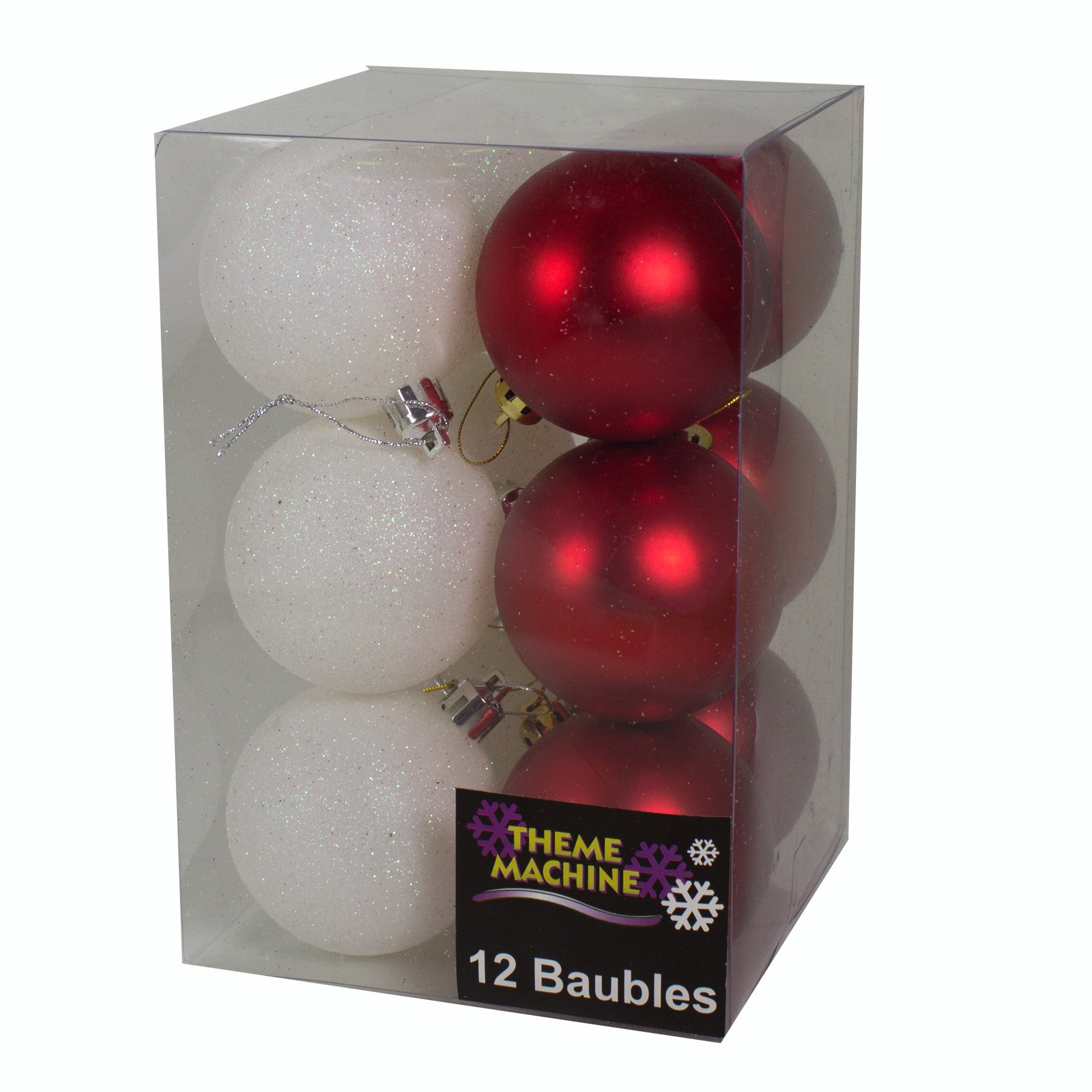 Theme Machine Christmas Decoration 12 Pack 60mm Glitter/Plain Baubles Red White