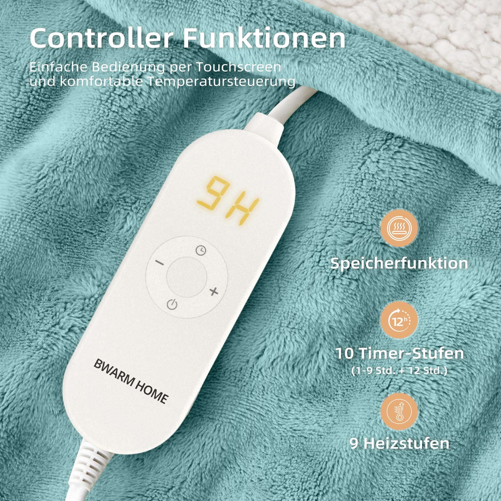 Heizdecke 130x180 cm, Heizdecke mit Abschaltautomatik, Wärmedecke mit 9 Heizstufen und 10 Stunden Timer, Speicherfunktion Überhitzungsschutz Elektrische Kuscheldecke für Bett, Büro (Blau)