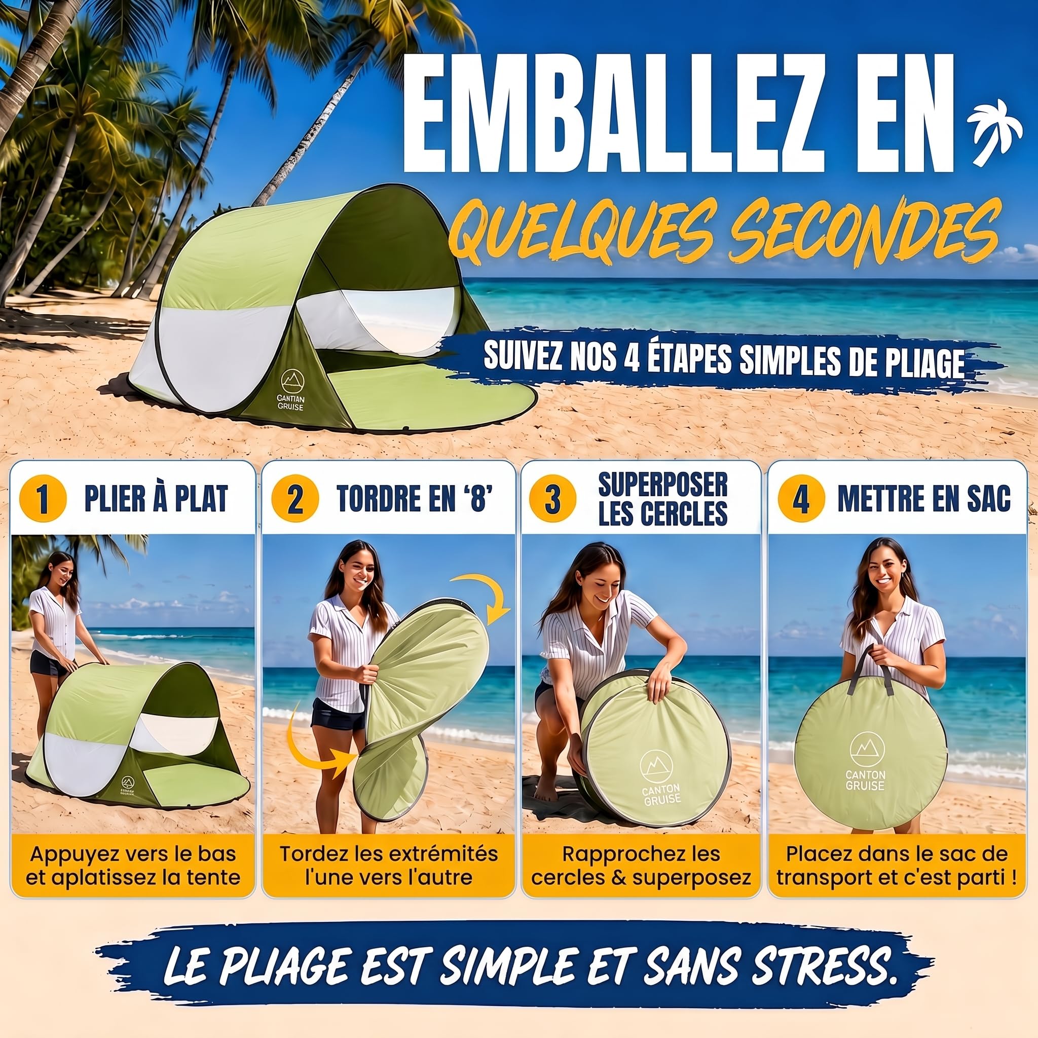 GOODS+GADGETS® Tente de Plage Pop-up 240x140 cm - Abri Automatique | Montage en quelques secondes, protection UV SPF 30+, fibre de verre légère - idéale 2-3 personnes