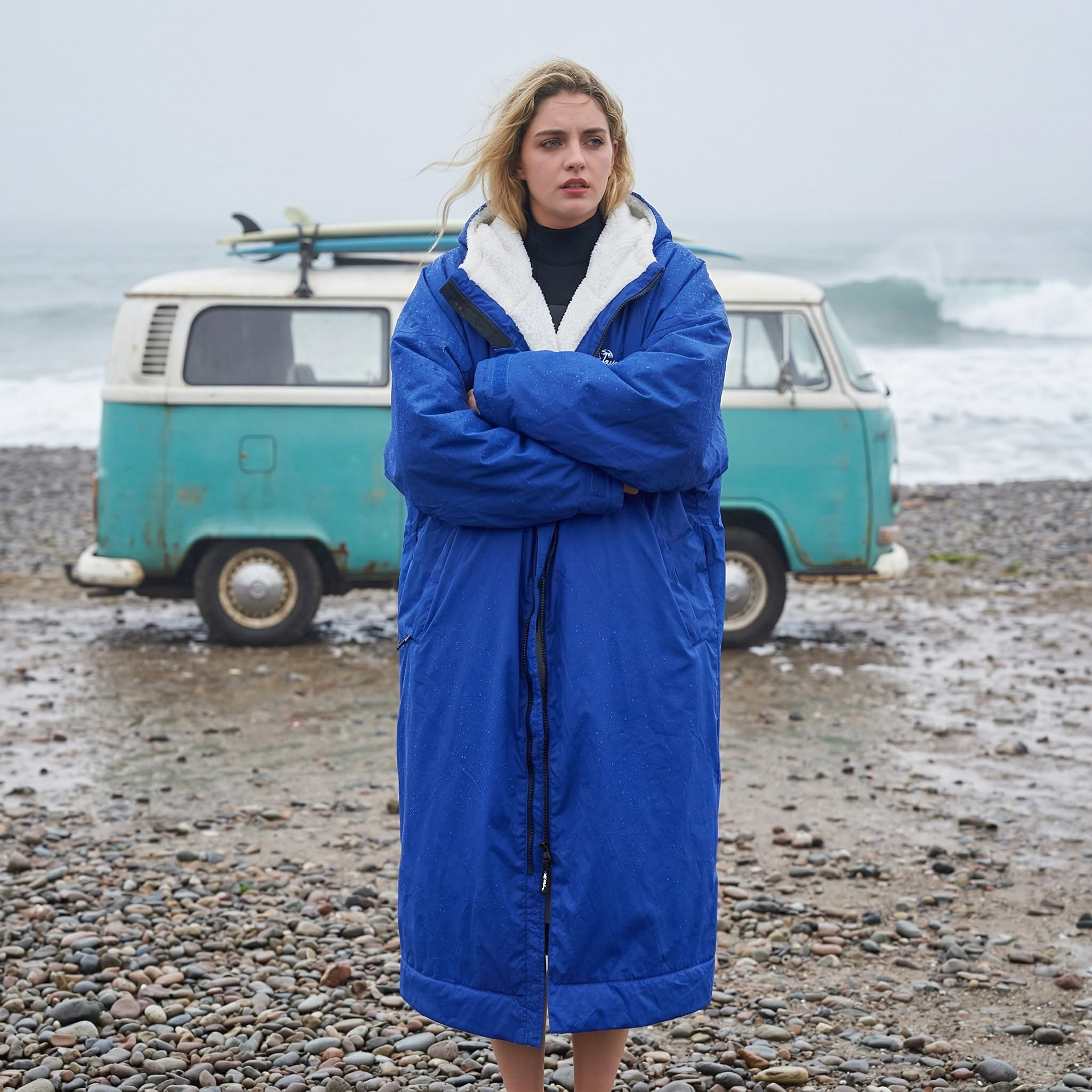 Catalonia Parka de natación para hombres y mujeres, chaqueta de surf impermeable de gran tamaño, abrigo cálido con forro de sherpa, bata de poncho cambiante
