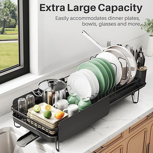 Miniatura 2 de SNTD Escurridor grande de platos Escurridor de platos extensible (19.3 a 29.4 pulgadas) para encimera de cocina, escurridor de platos de acero