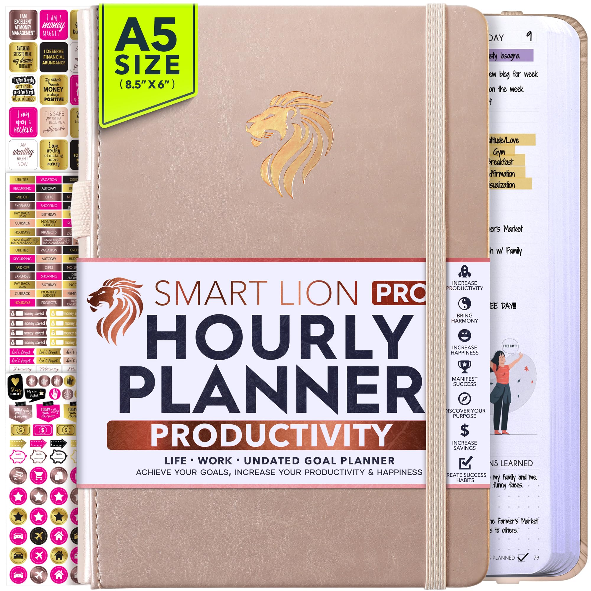 Freedom Mastery Life & Work Planner A5 Size -12 Month Goal Planner and Productivity Planner to Increase Happiness, Undated Planner, Weekly and Monthly Planner Journal (Vertical RoseGold Lion)