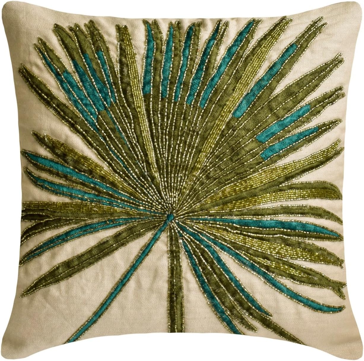 The HomeCentric Floral Decorative Throw Pillow Covers 16" x 16" | Modern Linen Cushion Cover | Linen Embroidery Beaded Green Pillowcases for Couch, Sofa, Bed, or Living Room - Arboreal