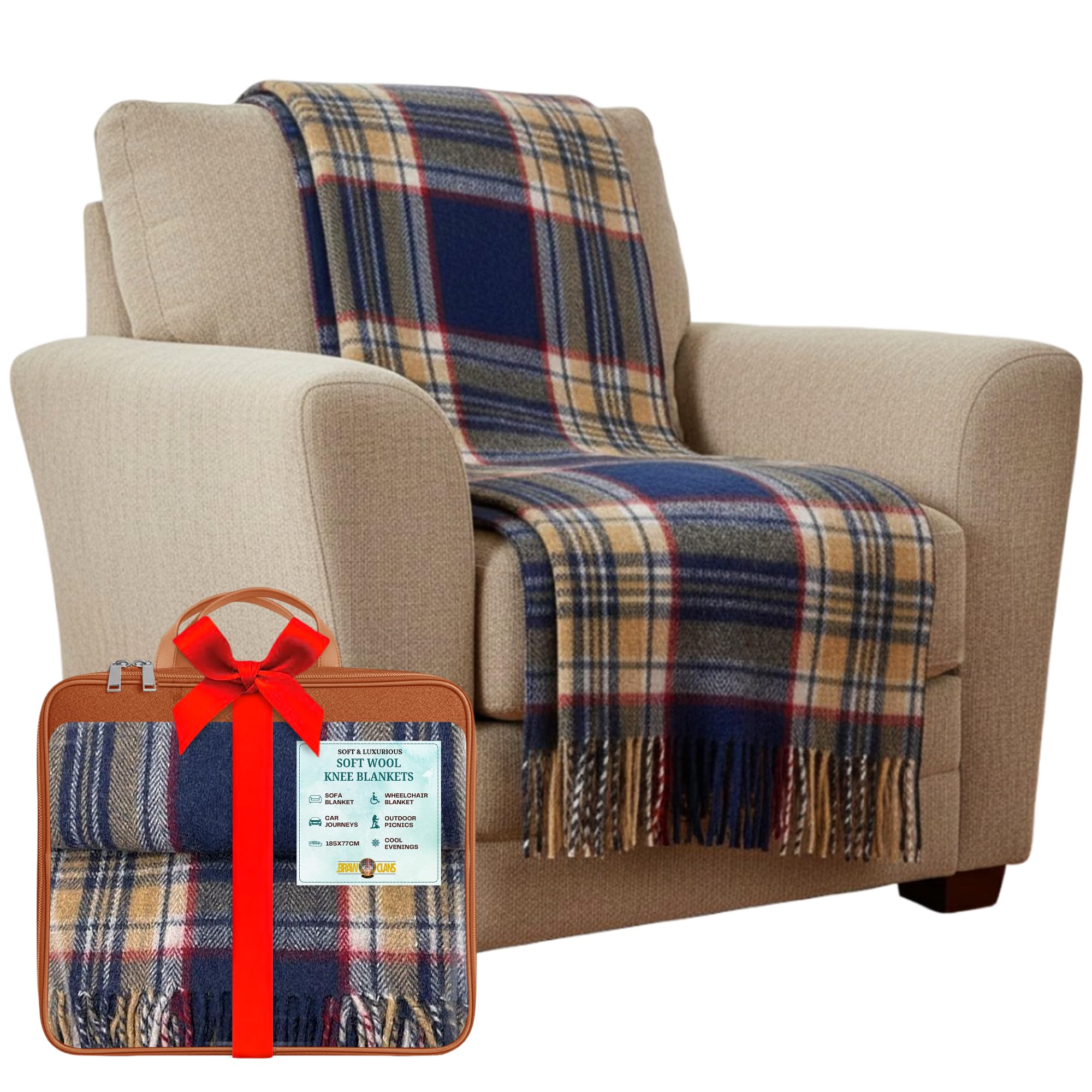 Braw Clans Tartans Stewart Navy Soft Wool Tartan Knee Blanket Lap Throw - Lap Blanket For Sofa With Fringed Edges - Compact Travel Essentials & Car Seat Throw - Plaid