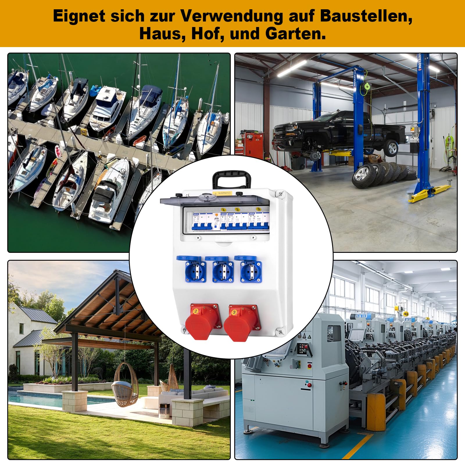 Baustromverteiler,IP65 Wasserdicht Stromverteiler mit Leitungsschutzschalter, Wandverteiler mit IP54 230V/16A Schuko Steckdose und IP44 CEE Steckdose 400V/16A