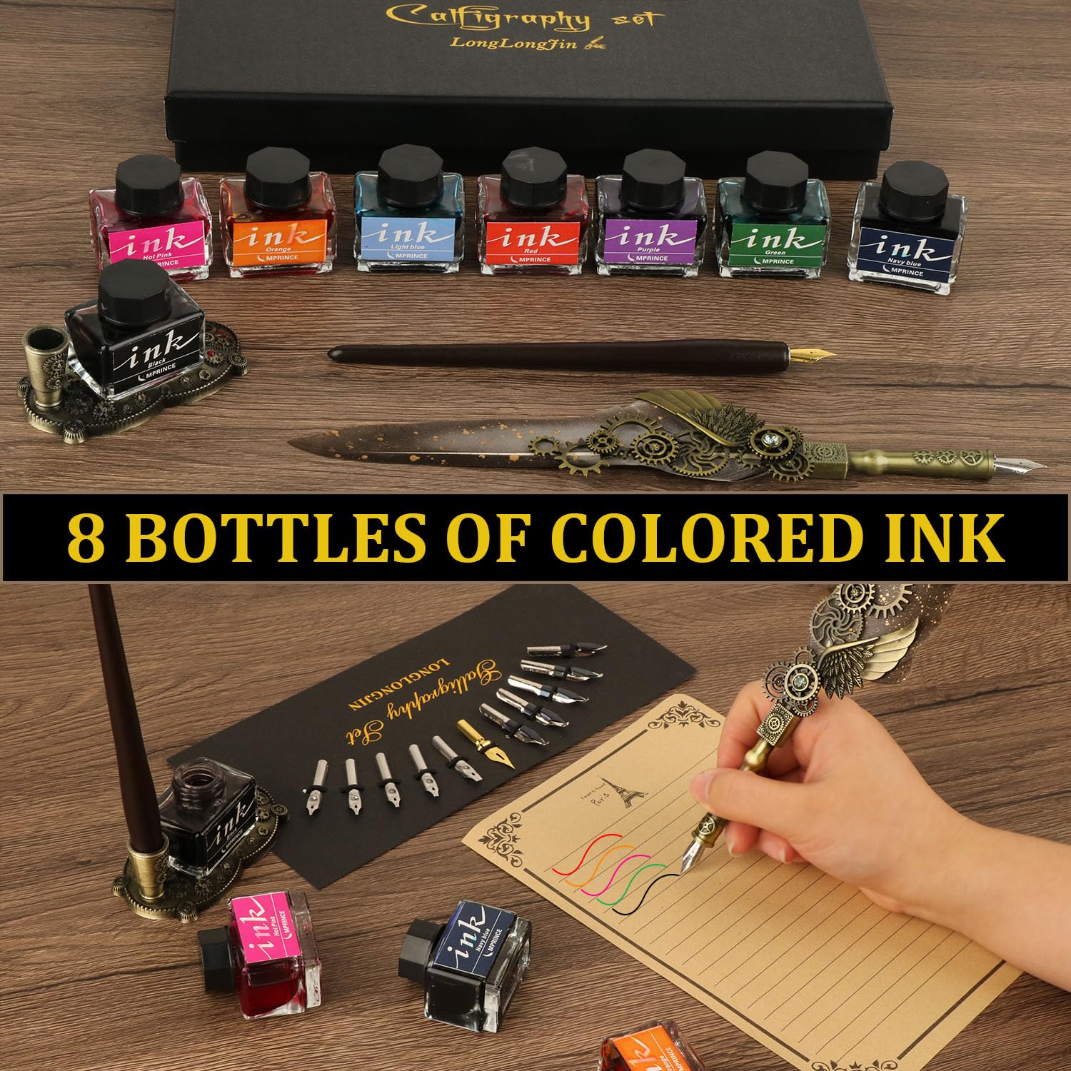 Kalligraphie-Stift-Set mit Feder und Tinte in 8 Farben, Feder und Holz-Tauchstift, 11 Federn (grau)