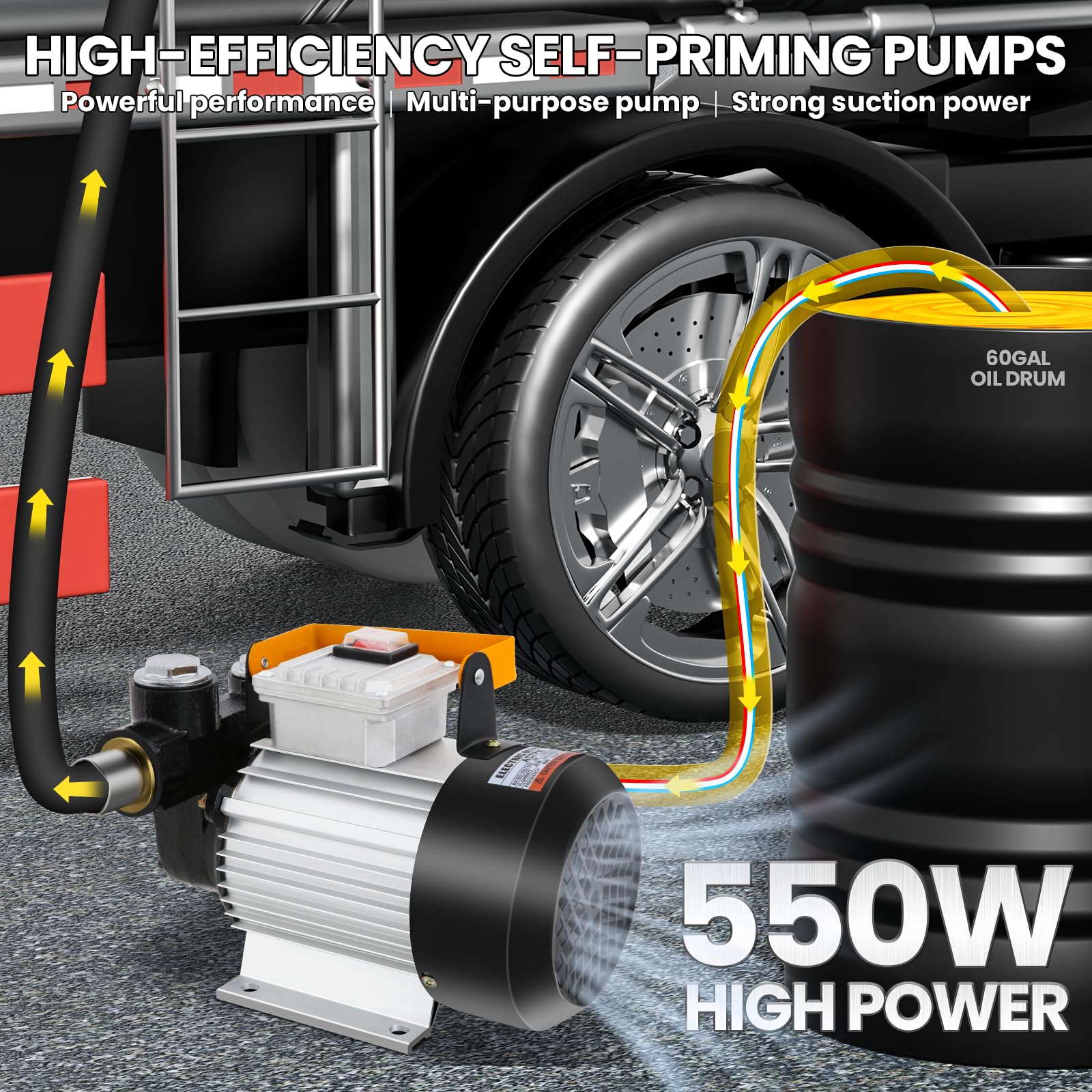 Pompa diesel 550W 20-60l/min Aspirazione elettrica pompa carburante, 230V Pompa carburante autoadescante con Ugello e Tubo Flessibile Autosigillante