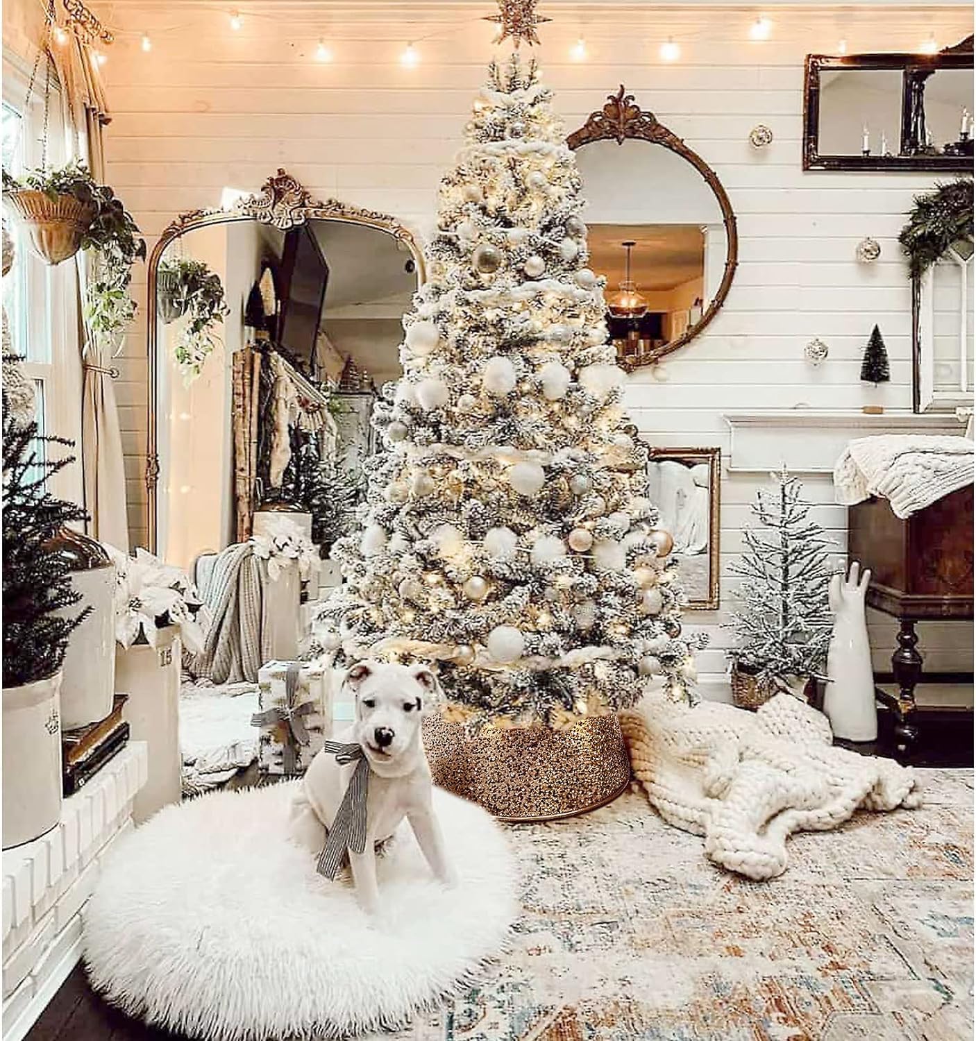 DoreenBow Christmas Gold Tree Collar, Sequin Christmas Tree Skirt, Foldable Christmas Tree Box Ring, Xmas Tree Stand Base Cover for Artificial Christmas Tree Decoration, 26 Inch, Champagne