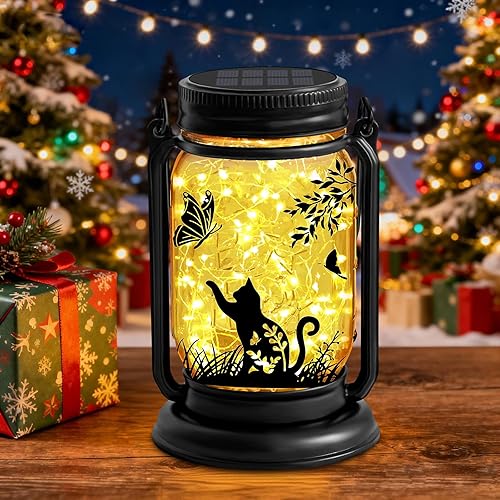 YJFWAL Faroles solares de gatos y mariposas impermeables para exteriores, amantes de los gatos, regalos únicos de cumpleaños para el día de la madre