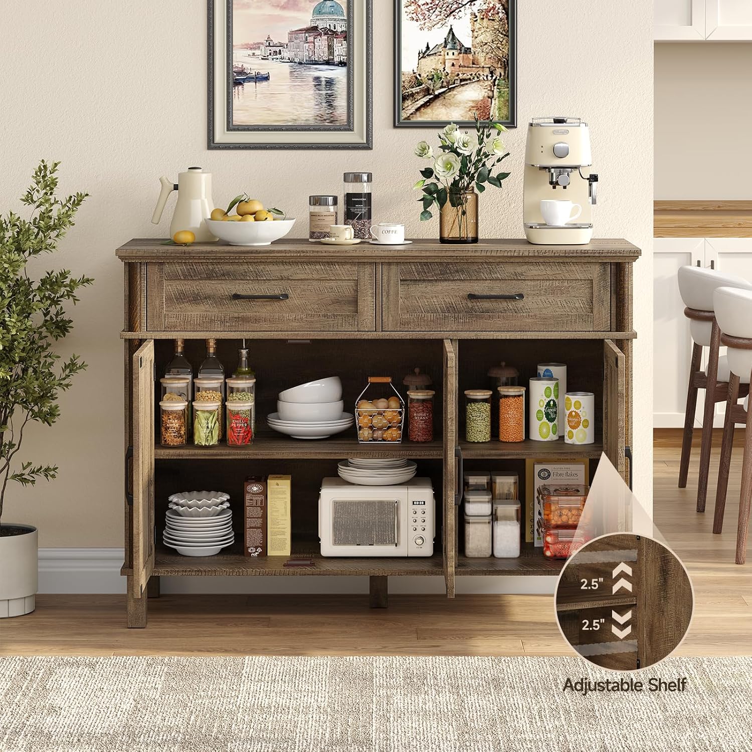 48 Inch Sideboard Buffet Cabinet with Storage, Farmhouse Coffee Bar Cabinet with 5 Drawers, Adjustable Shelves, Wood Sideboard Credenza for Kitchen, Living Room, Entryway, Washed Grey