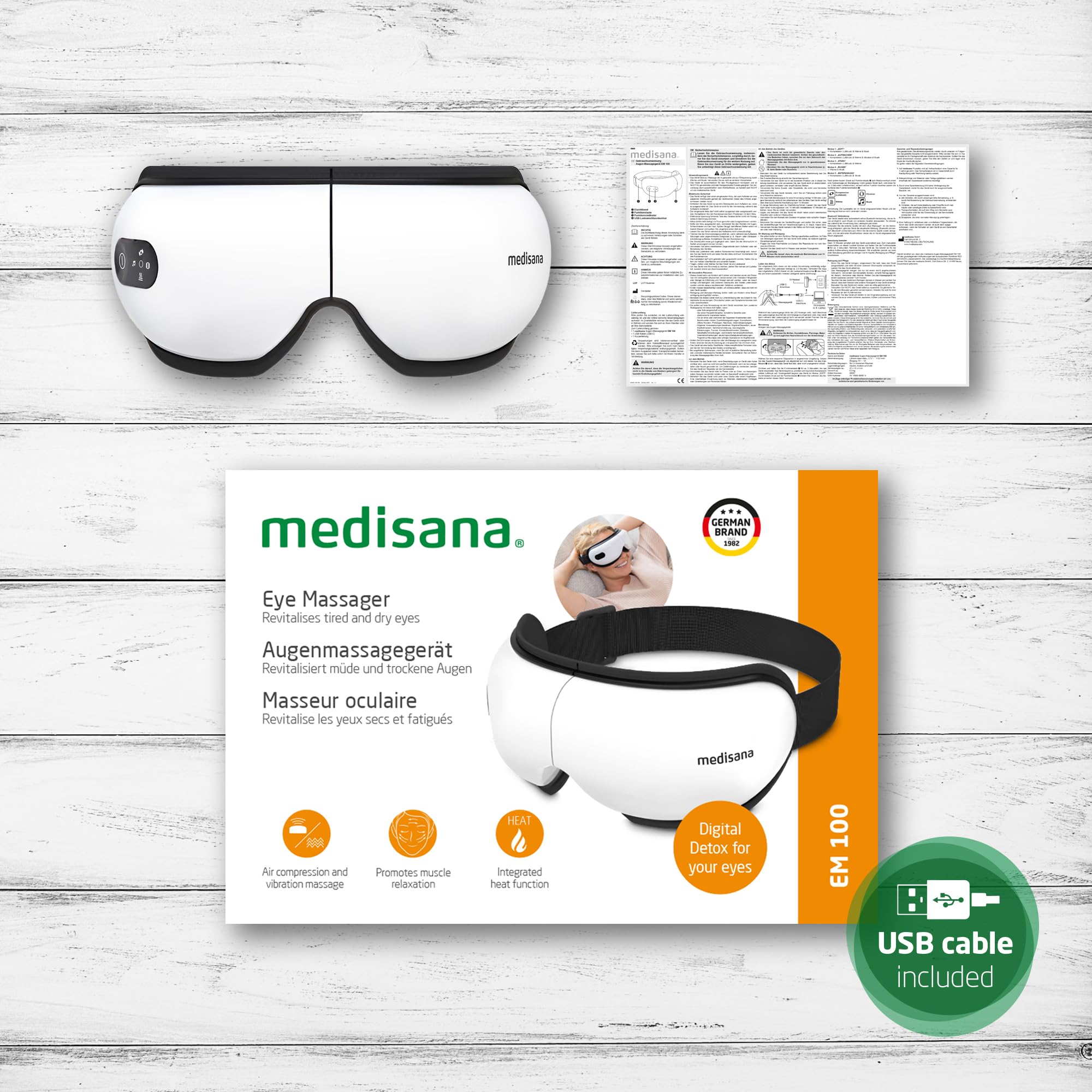 medisana EM 100 masajeador de ojos, masajeador facial electrico para dolores de cabeza, fatiga ocular, hinchazón o migraña, máscara ocular con masaje, calor y música, masajeador muscular plegable