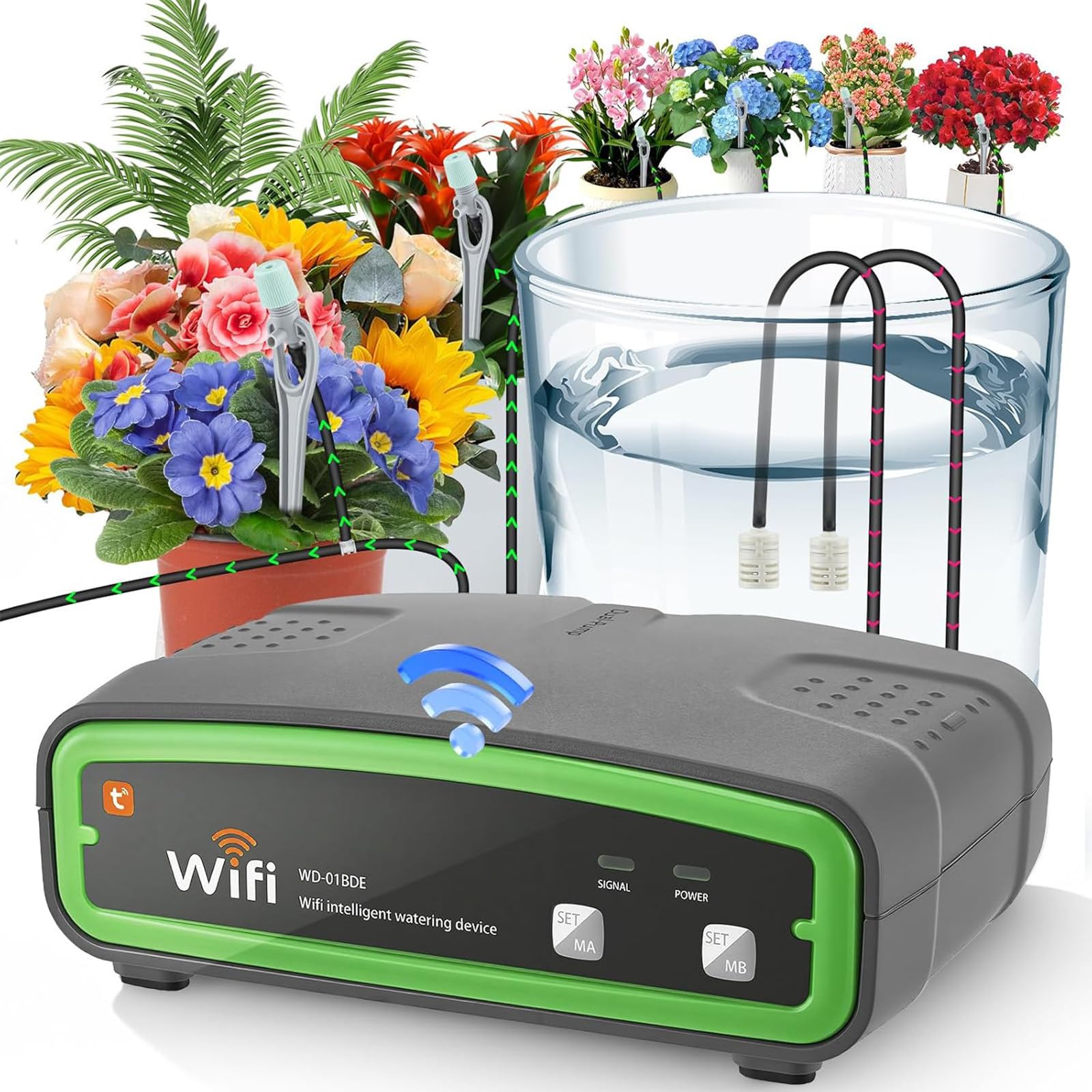 Doppia Pompa Irrigazione Automatica Vasi con Memoria Spegnimento e Rumore 30dB Kit Irrigazione a Goccia per Piante in Vaso Balcone Verdura Persone Impegnate
